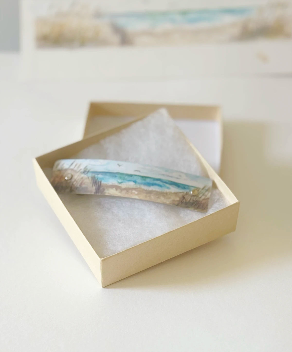 Classic coastal watercolor, beach hair accessory in gift box.