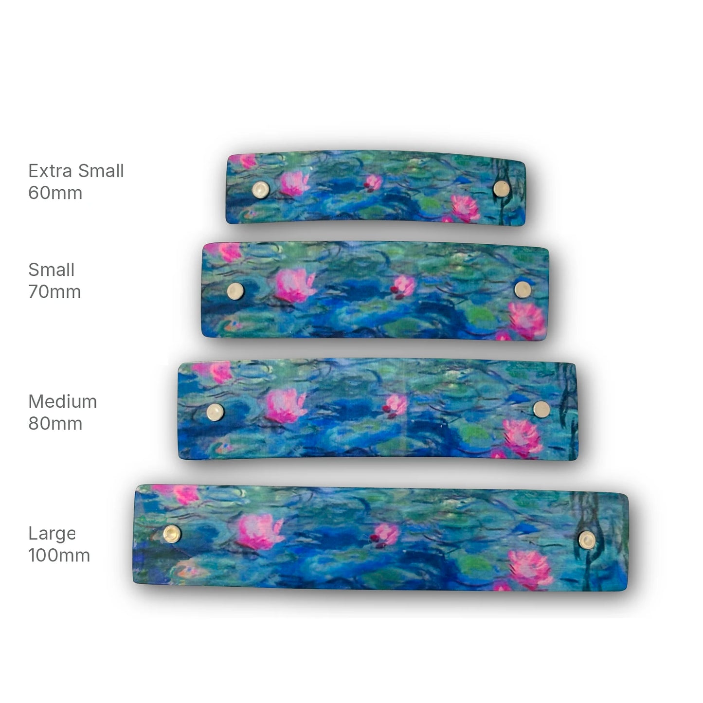 Blue, green, and pink water lily design hair clips.