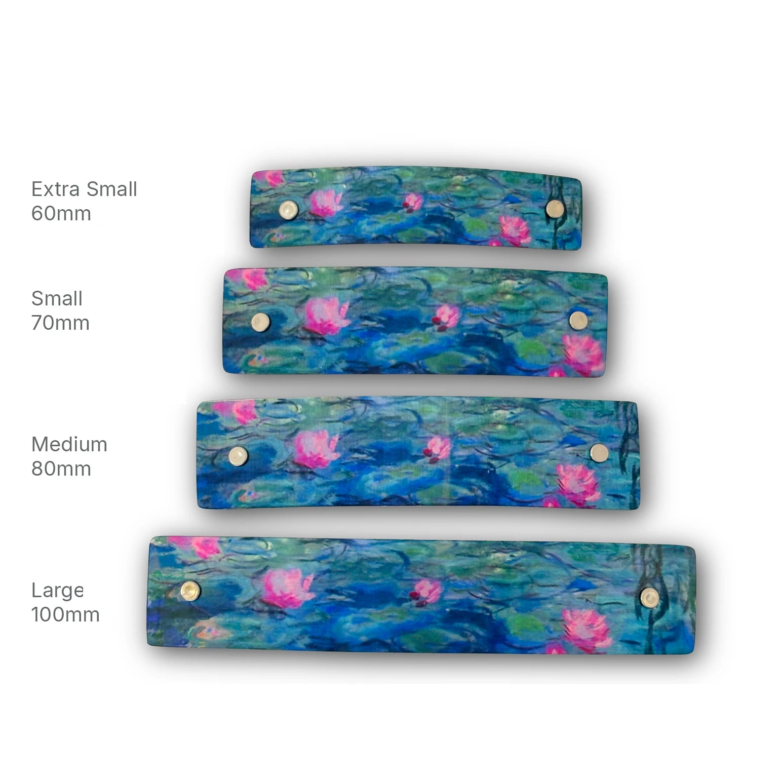 Blue, green, and pink water lily design hair clips.