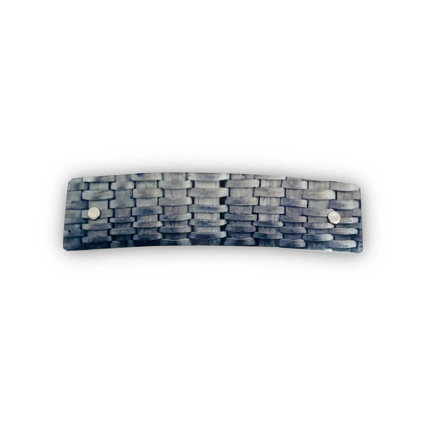 A rectangular hair clip for women featuring a textured, woven dark gray and silver pattern, secured with two silver metal rivets, shown against a plain white background.