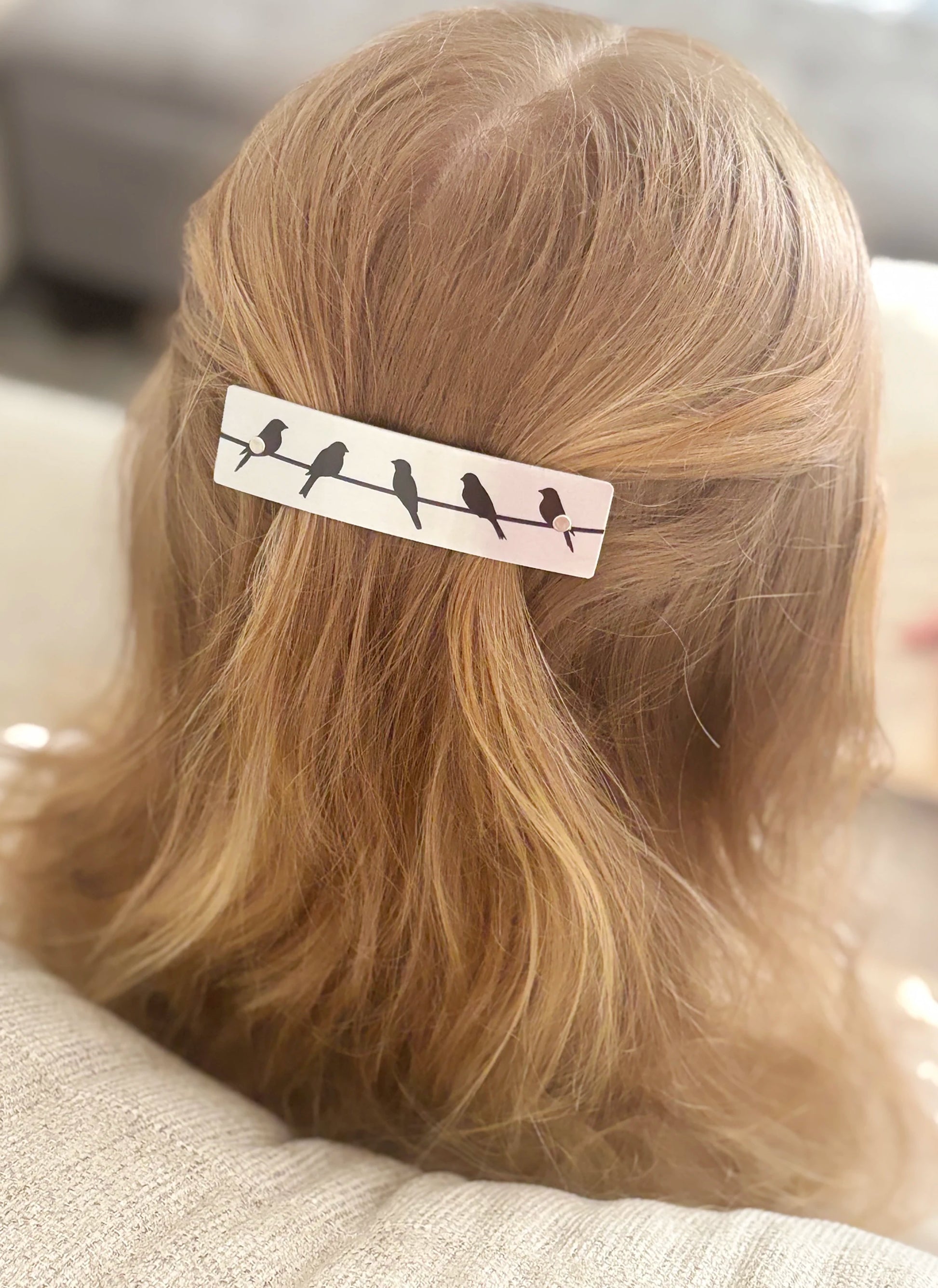 A close-up back view of a person with blonde hair wearing a silver rectangular hair clip decorated with black bird silhouettes perched on a branch.
