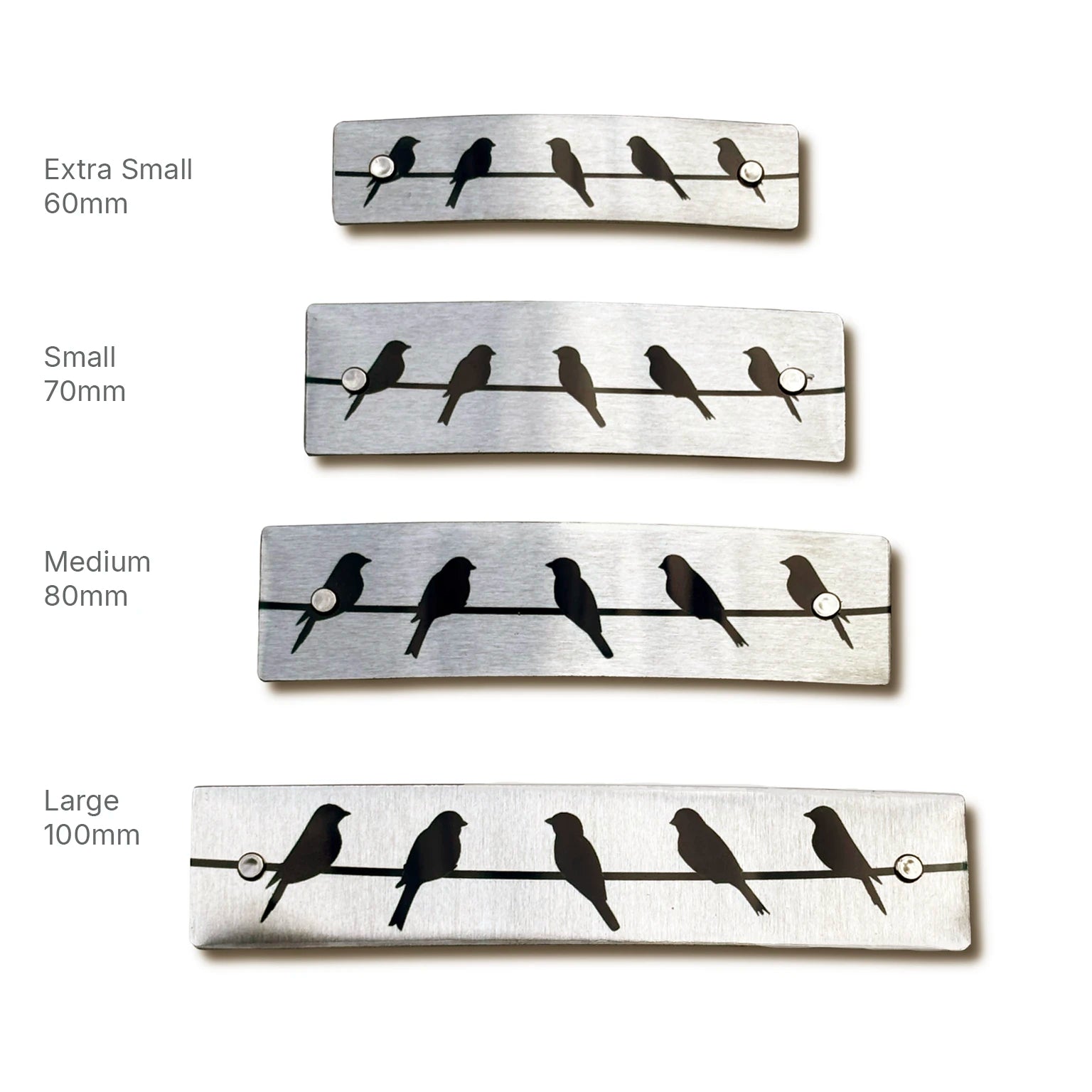 Four rectangular brushed-metal hair barrettes with black bird silhouettes perched on a wire, shown in extra small 60mm, small 70mm, medium 80mm, and large 100mm sizes on a white background with size labels.