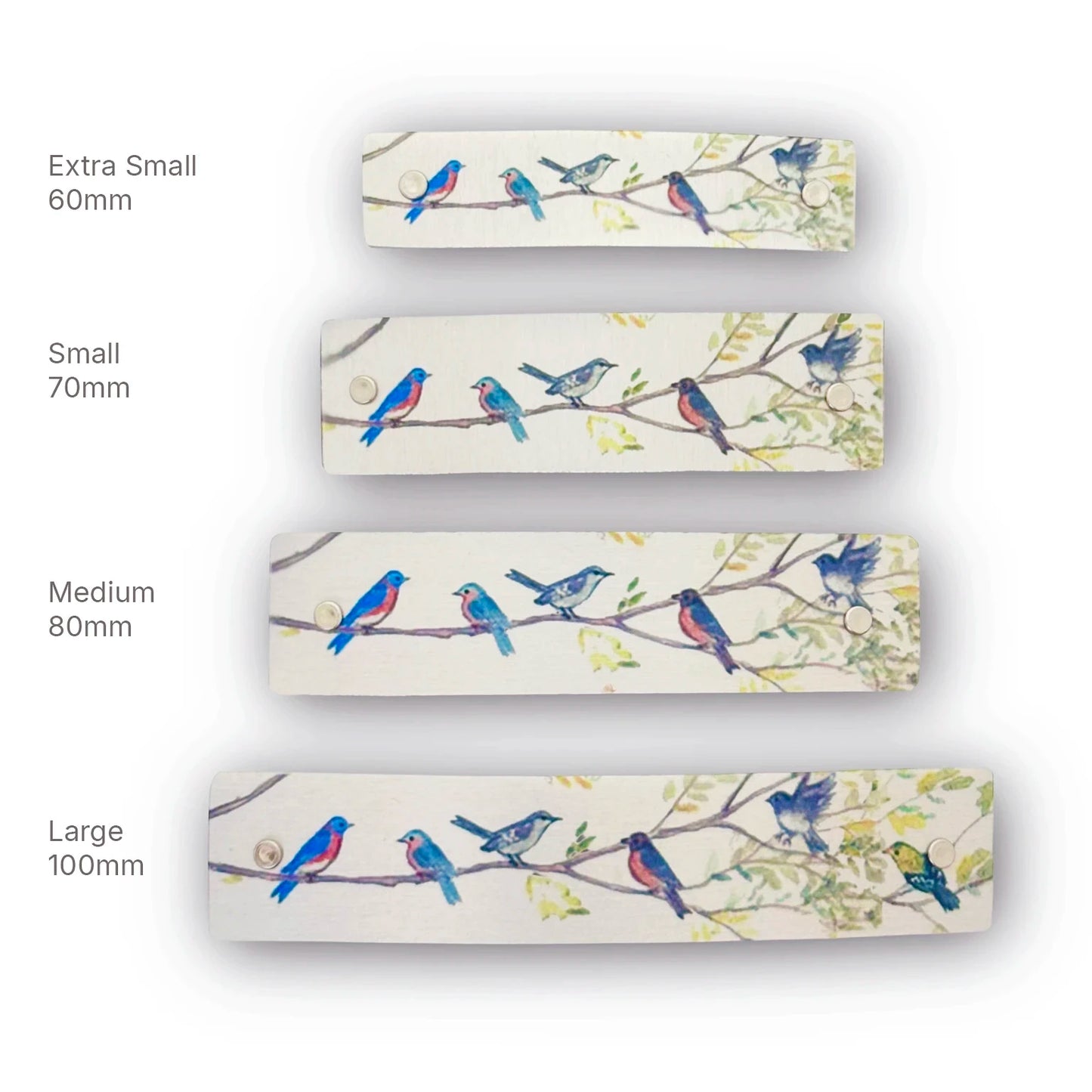 Four French barrettes featuring watercolor-style birds on branches, showing Extra Small, Small, Medium, and Large choices for different types of hair and hairstyles.