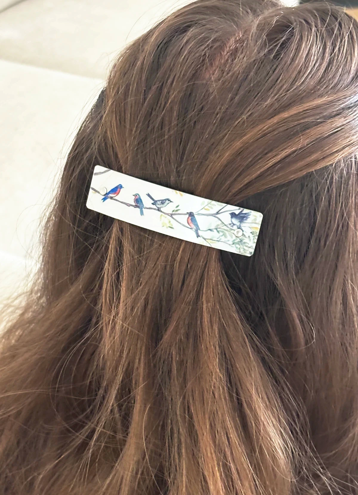Birds on Branches French barrette on brown hair