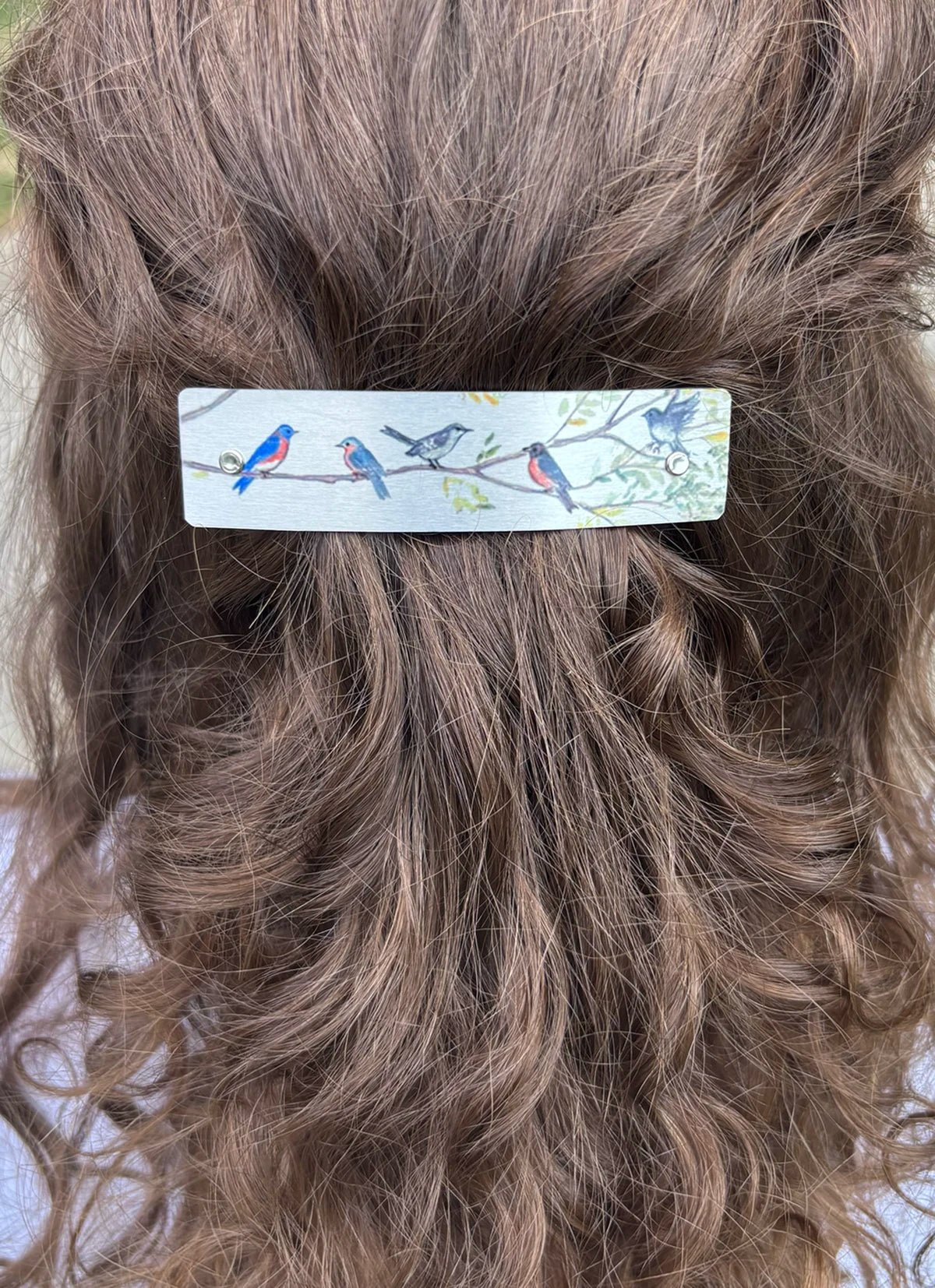A close-up of brown wavy hair with a rectangular hair clip featuring a printed design of bluebirds perched on branches.