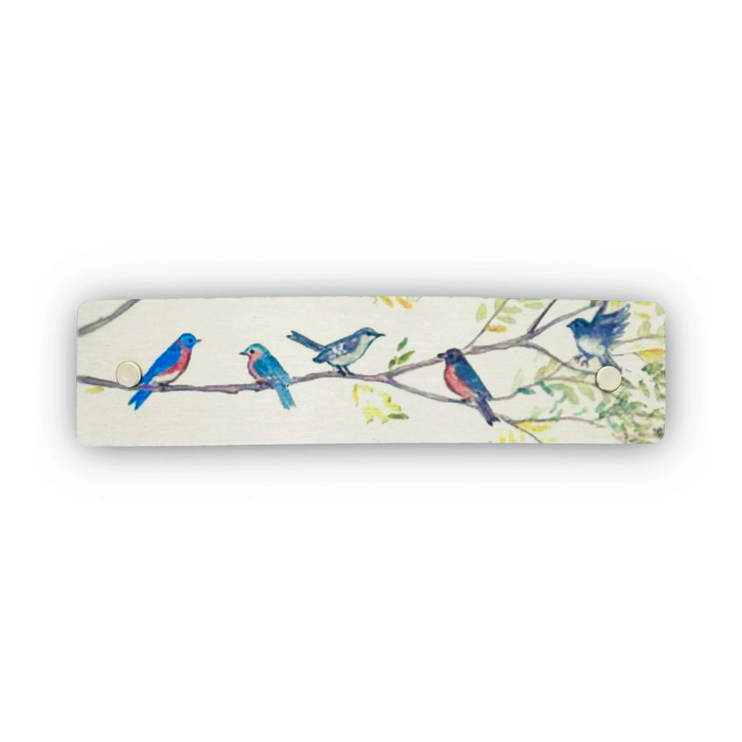 Birds on branches French barrette, featuring original watercolor artwork by Robbin V. Davis 