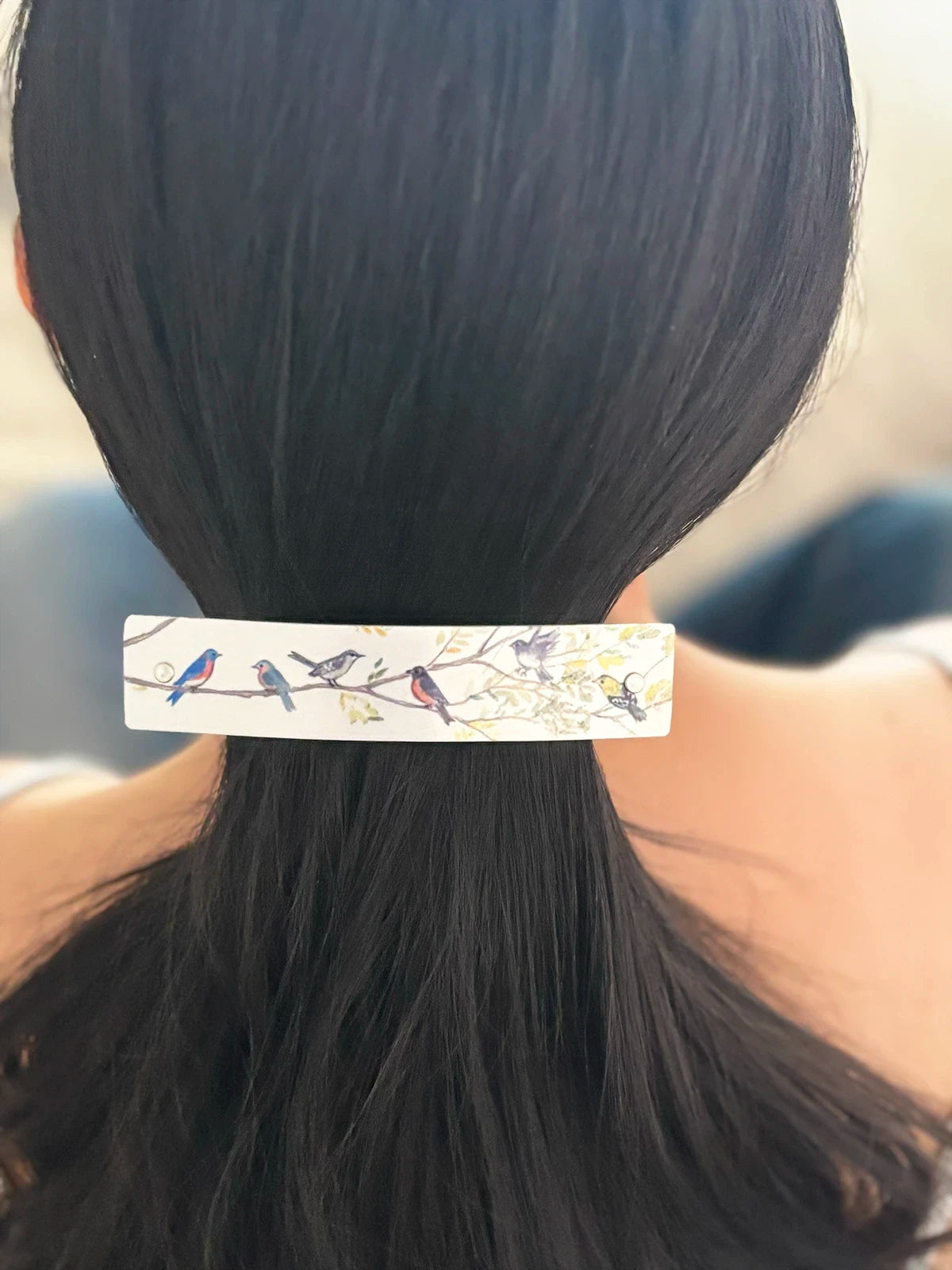 A large French barrette featuring birds on branches holds a full ponytail of thick black hair.