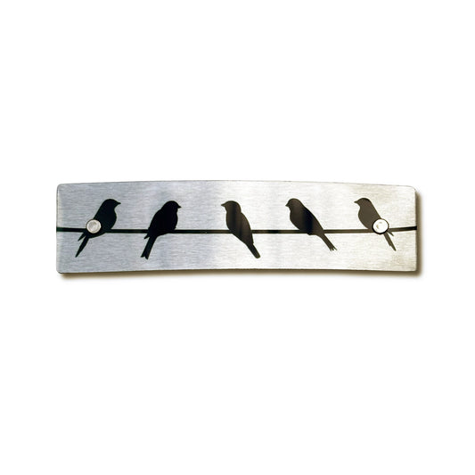 A rectangular brushed metal hair clipwith five black bird silhouettes perched on a horizontal wire, shown against a plain white background.