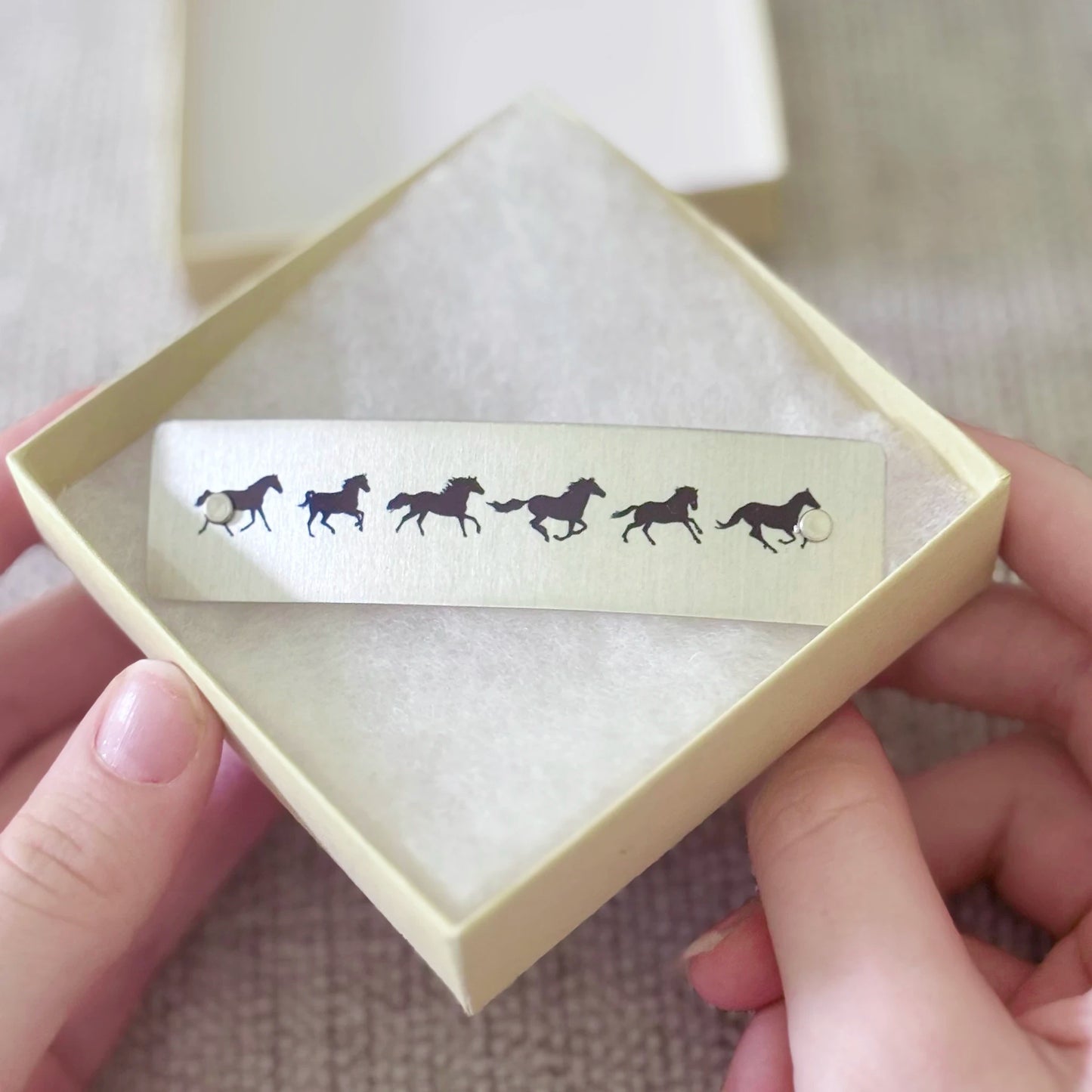 Black horse barrette, handmade hair clip by Robbin V. Davis Studio, in gift box.