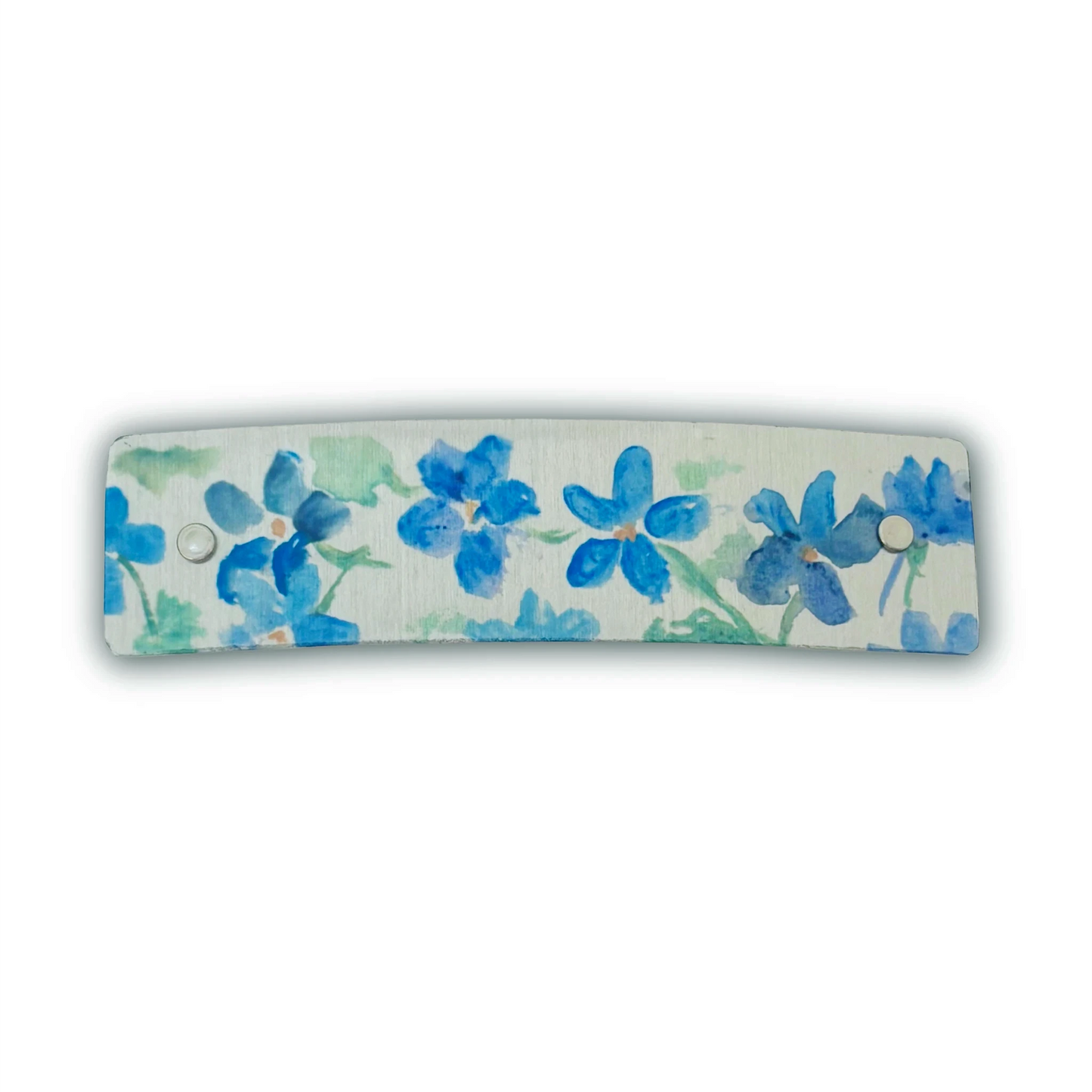 Watercolor blue flower barrette, delphinium hair clip handmade in North Carolina.