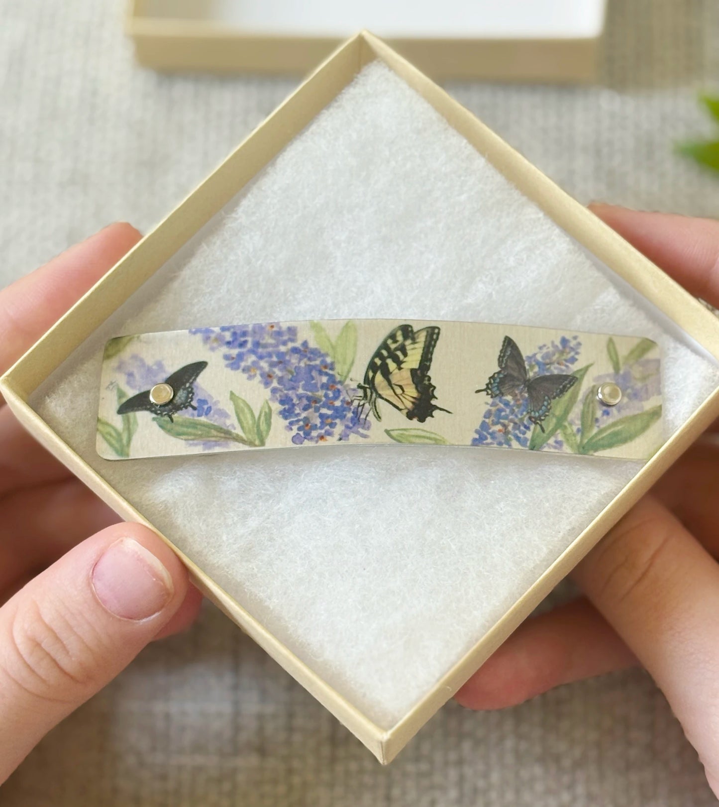 Handmade French barrette hair clip, featuring a watercolor by Robbin V. Davis.