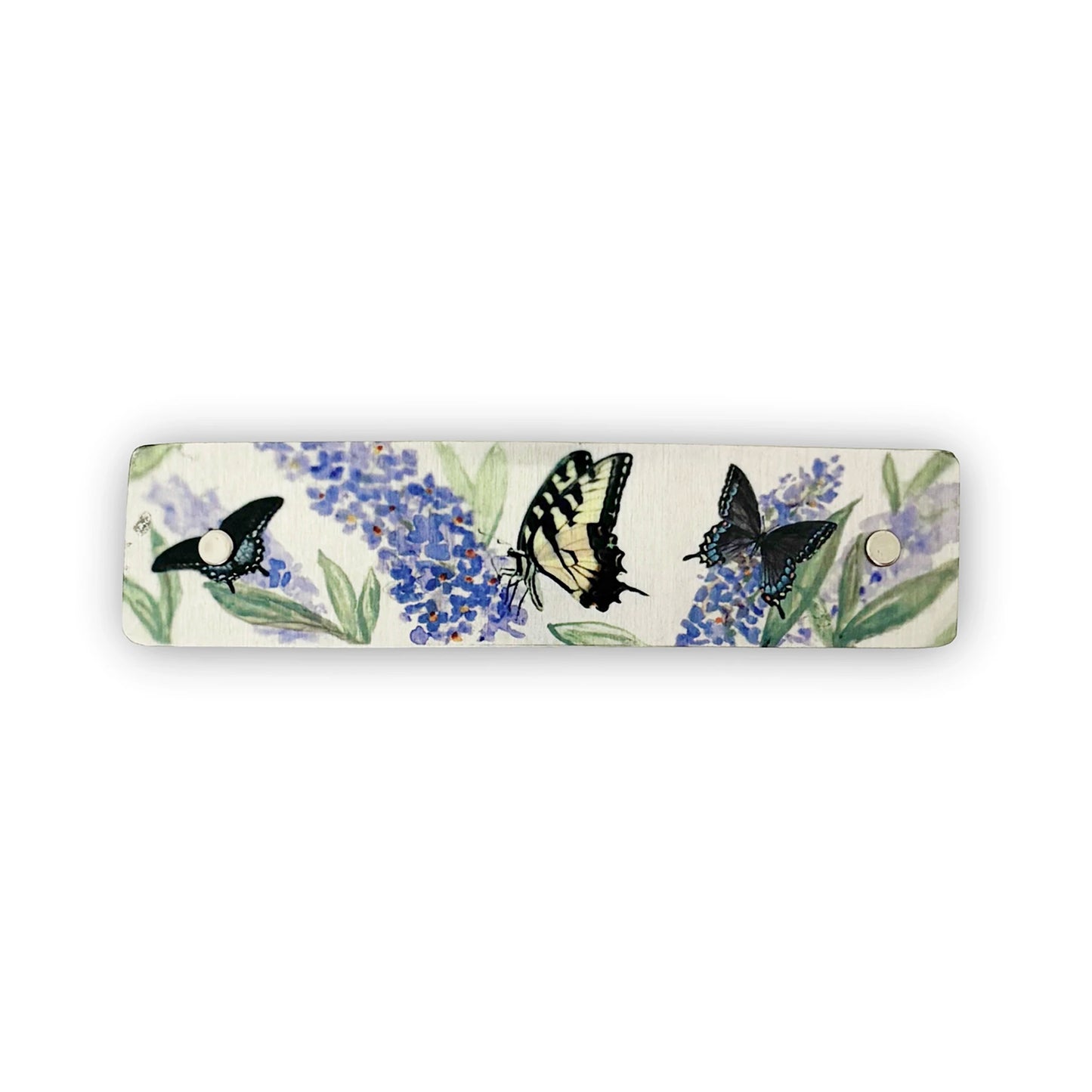 Silver hair clip featuring original watercolor of butterflies and purple buddleia blooms, handmade in North Carolina.