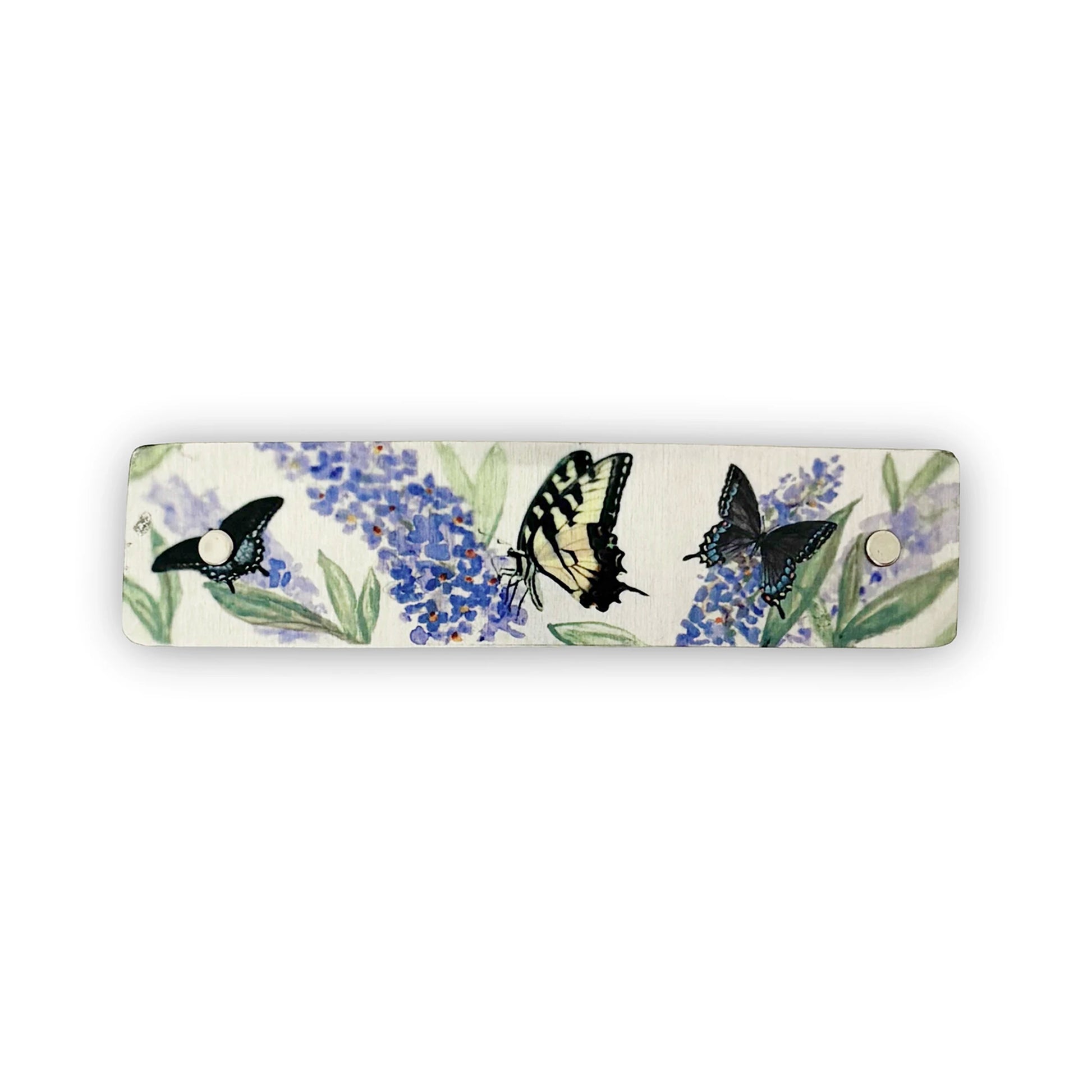 Silver hair clip featuring original watercolor of butterflies and purple buddleia blooms, handmade in North Carolina.