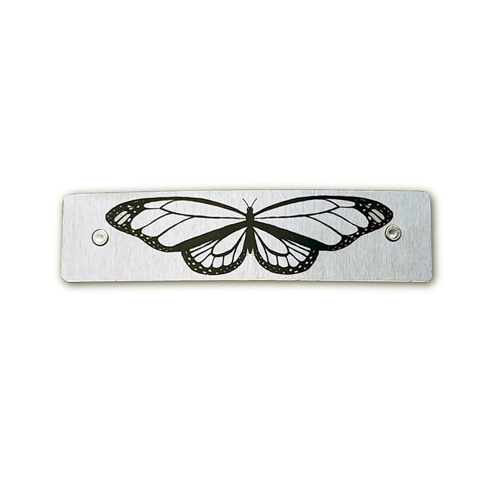 Silver toned boutique metal hair clip, featuring a detailed black butterfly design.