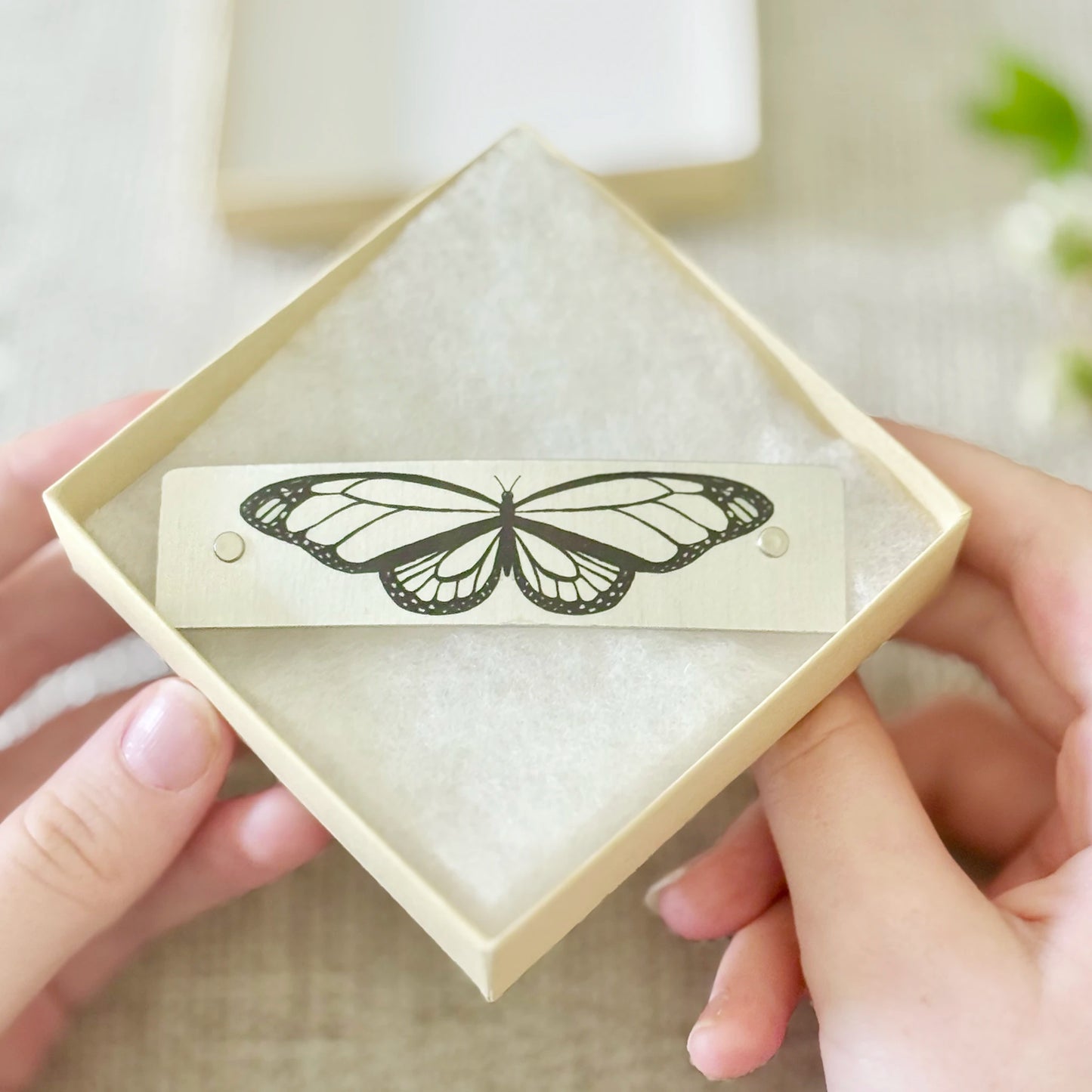 Silver and black simple butterfly hair accessory, in gift box, handmade in North Carolina.