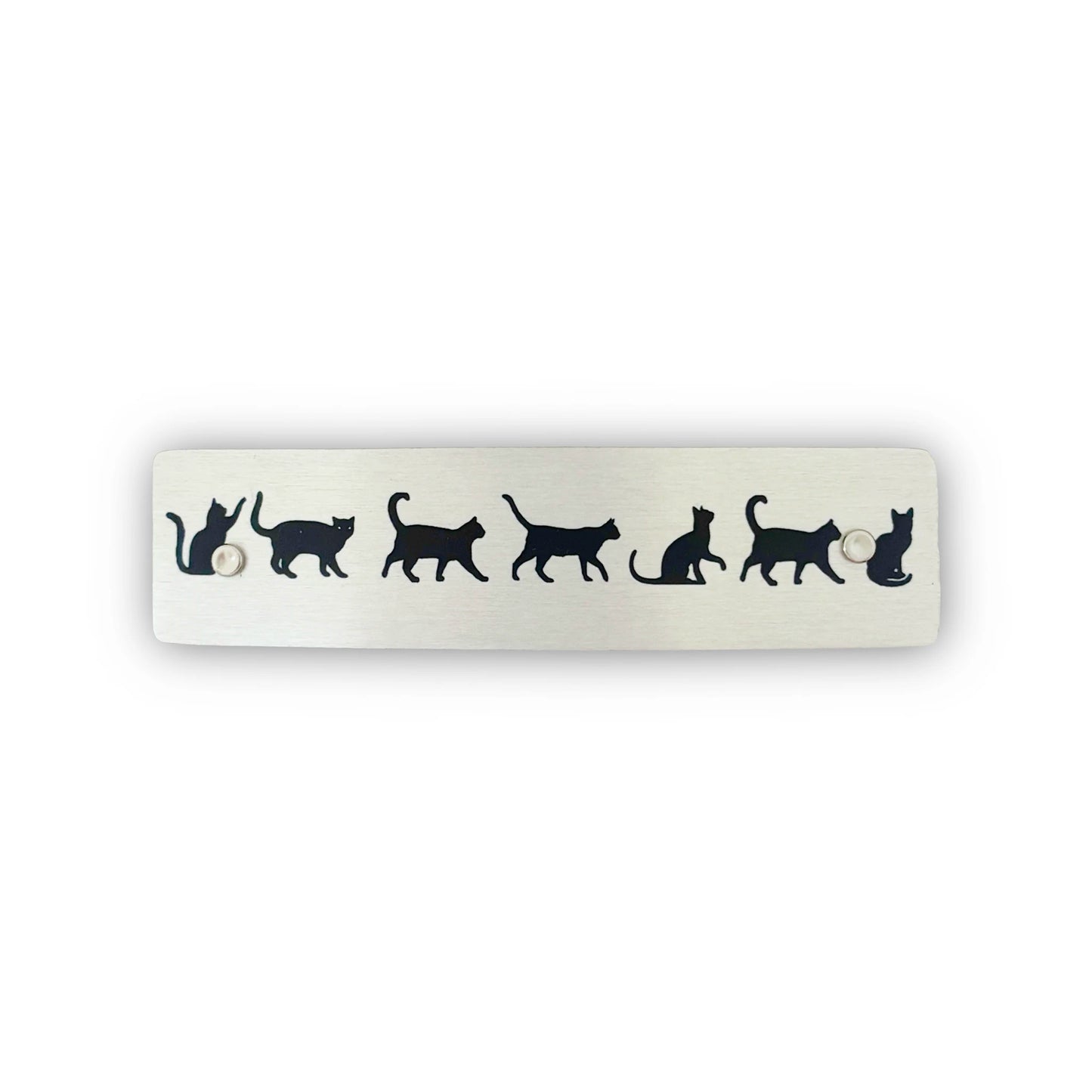 SIlver hair clip with cat silhouettes, handmade in North Carolina.