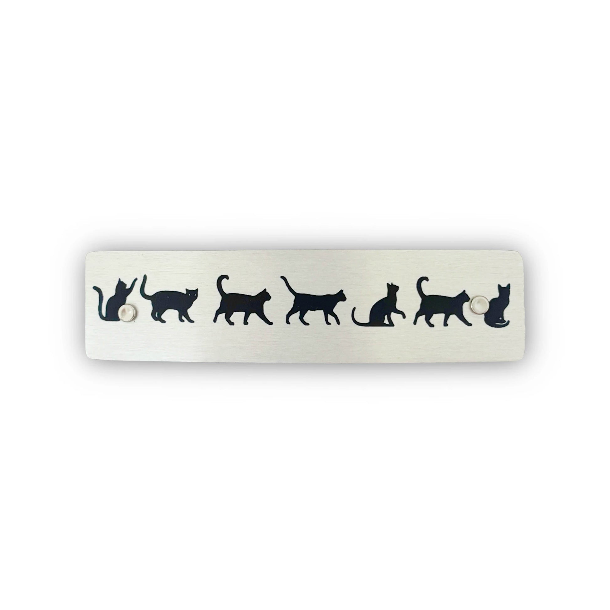 SIlver hair clip with cat silhouettes, handmade in North Carolina.