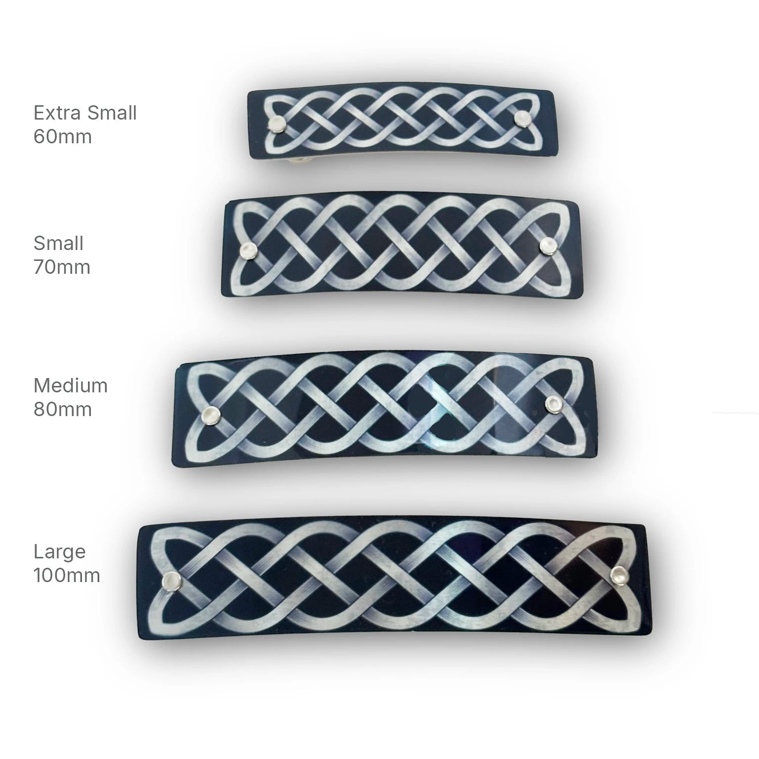 Four rectangular black and silver Celtic knot hair clips shown in sizes Extra Small 60mm, Small 70mm, Medium 80mm, and Large 100mm, arranged vertically on a white background with size labels.