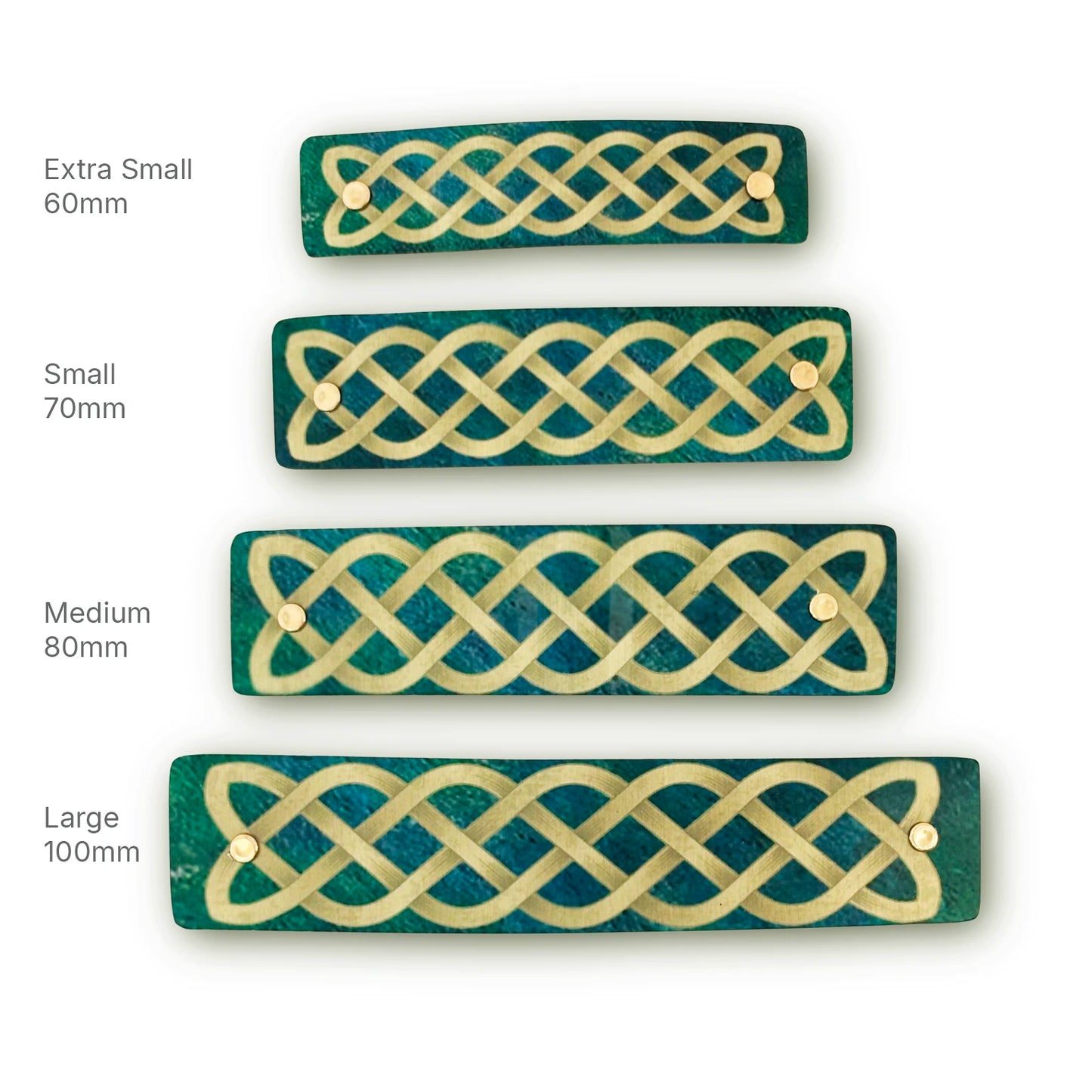 Four rectangular green and gold Celtic knot barrettes shown in sizes Extra Small 60mm, Small 70mm, Medium 80mm, and Large 100mm, arranged vertically on a white background with size labels.