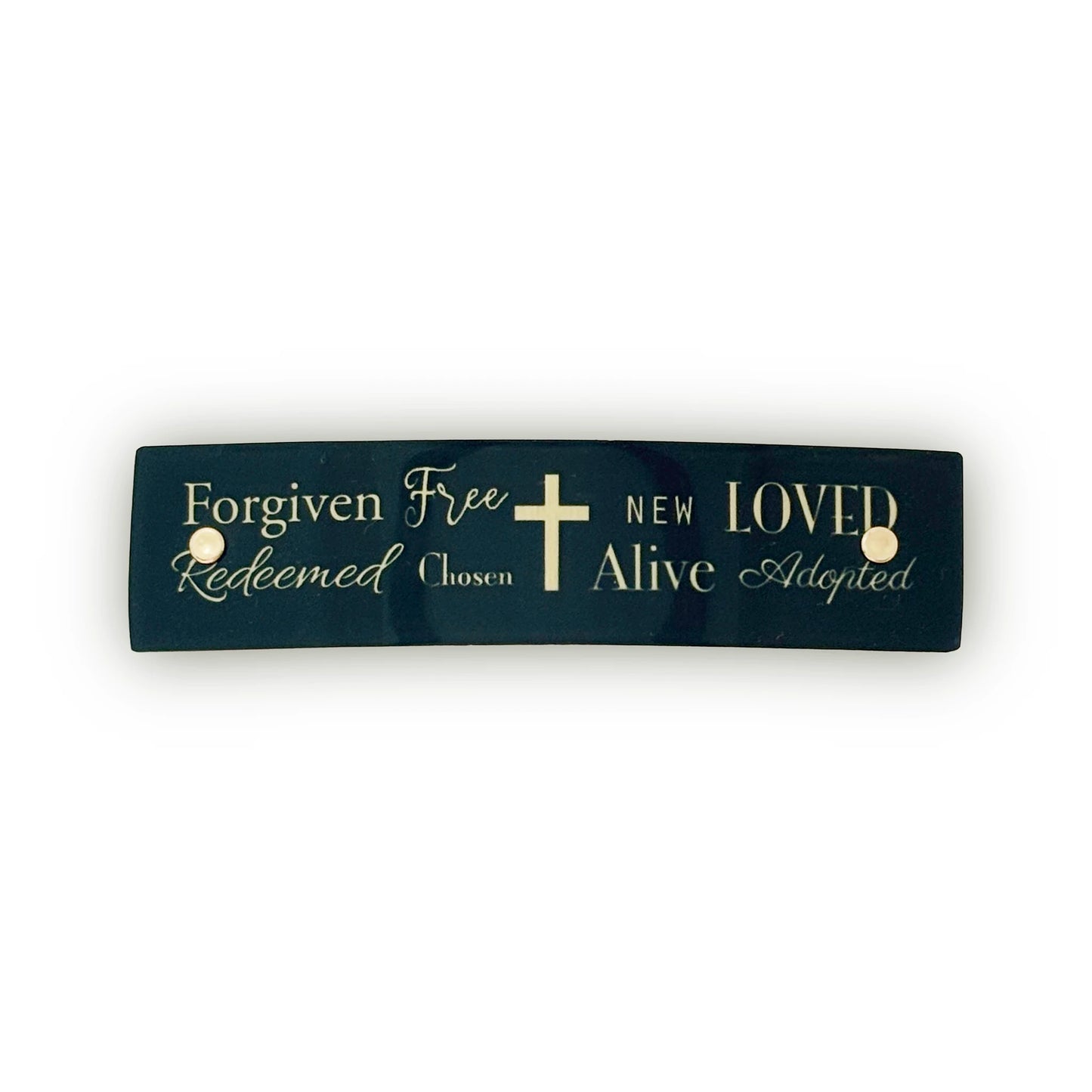 Black and Gold Hair Clip with a cross and inspirational words from Christian Scripture.