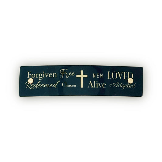 Black and Gold Hair Clip with a cross and inspirational words from Christian Scripture.