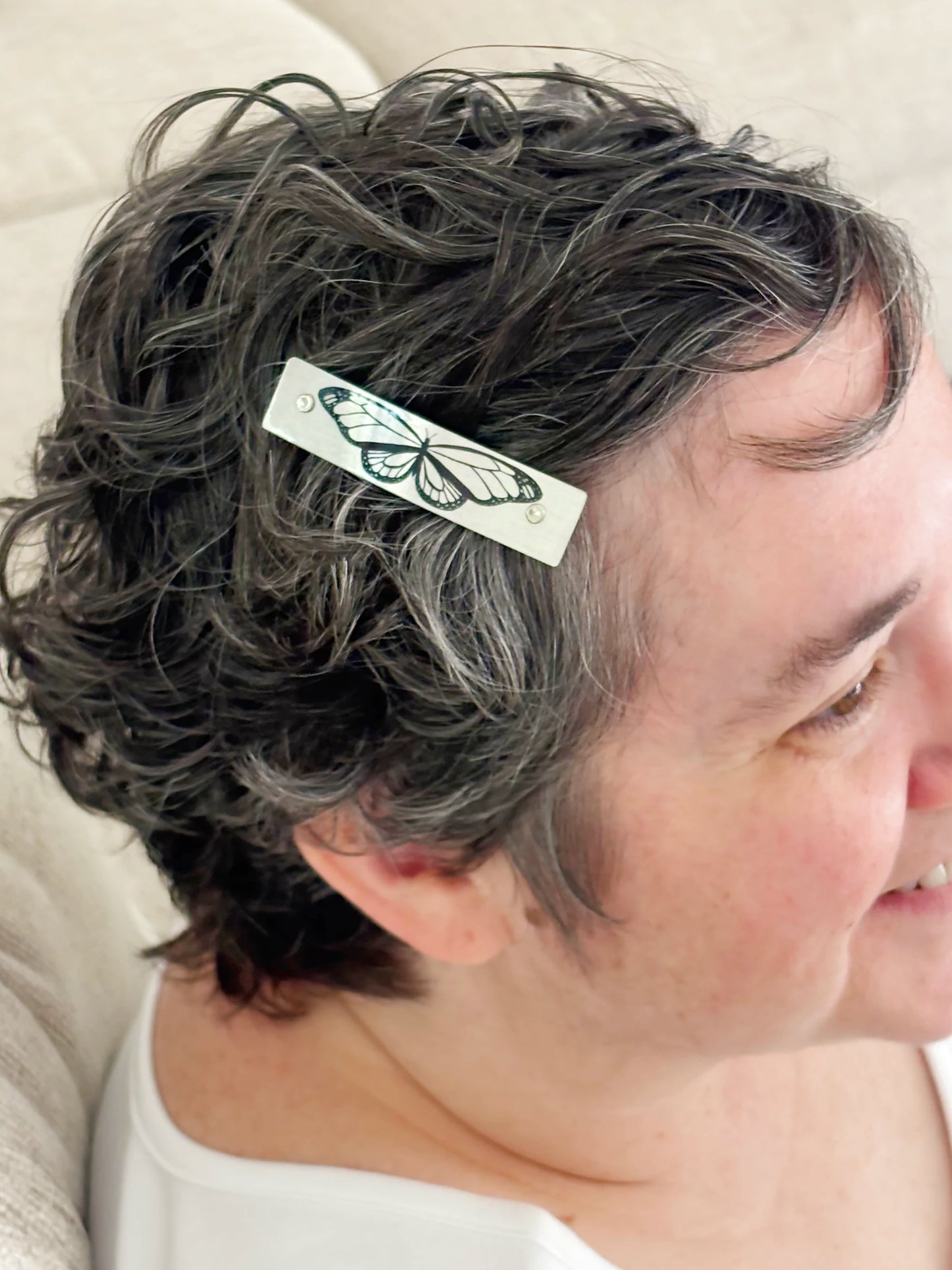 Handmade XS butterfly hair clip, handmade by artist Robbin V. Davis.