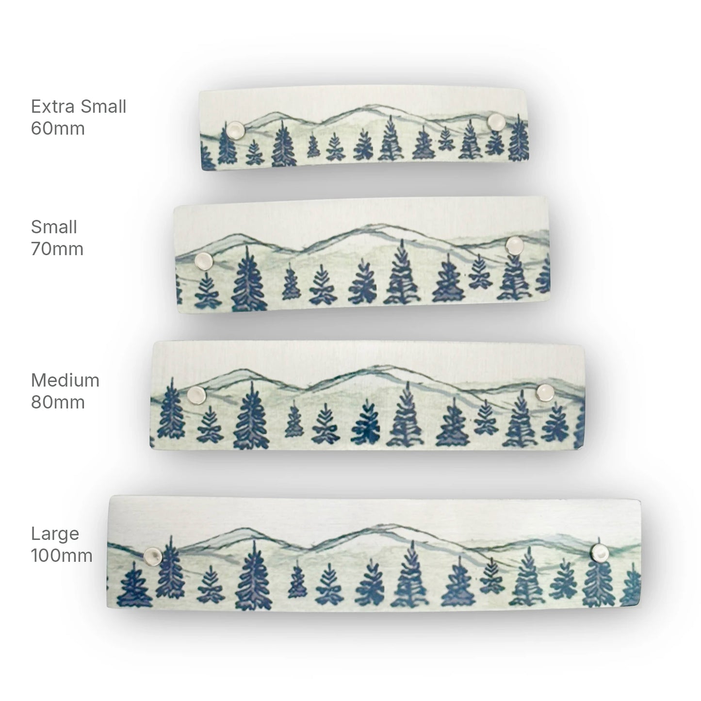 Four sizes of a mountain scene hair clip, original watercolor art, Christmas gift for women.