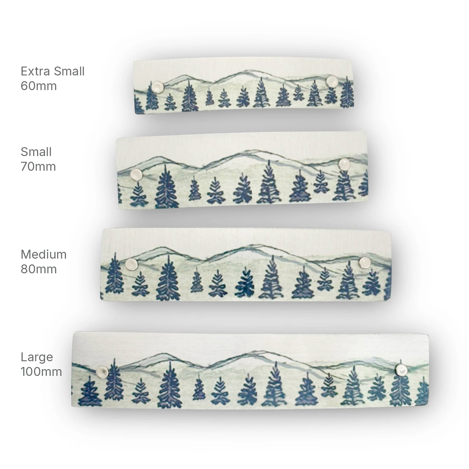 Four sizes of a mountain scene hair clip, original watercolor art, Christmas gift for women.