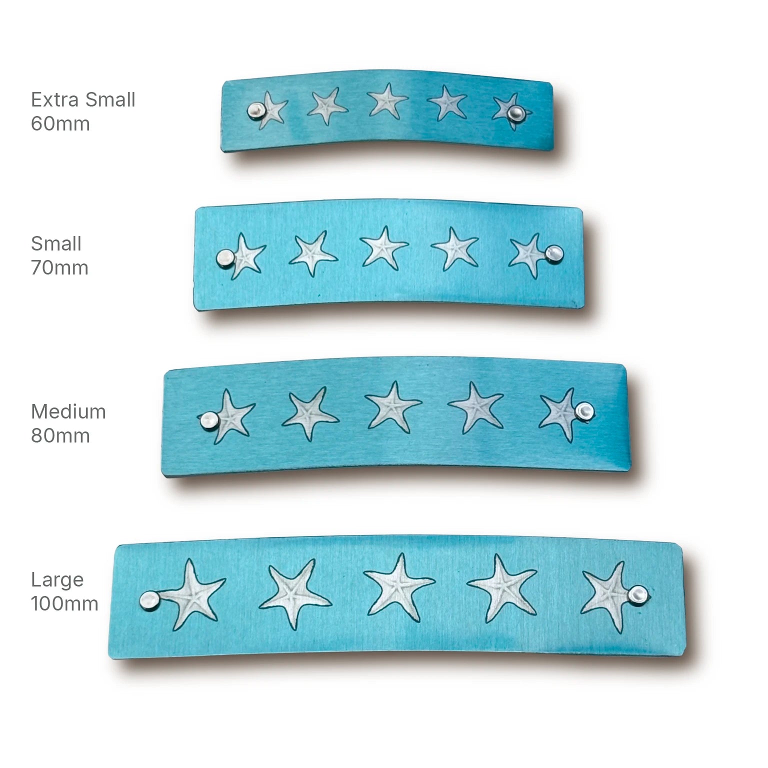 Four turquoise-blue metal hair clips with silver starfish, shown in extra small 60mm, small 70mm, medium 80mm, and large 100mm sizes on a white background with size labels.