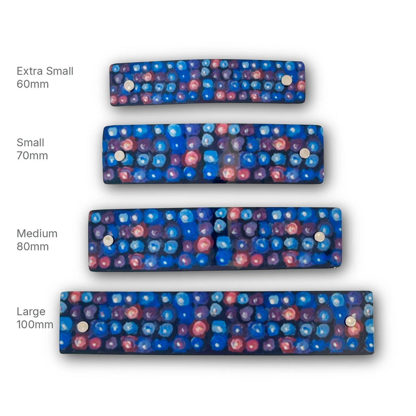 Four rectangular  blackberry design hair clips shown in different sizes labeled Extra Small 60mm, Small 70mm, Medium 80mm, and Large 100mm on a white background.