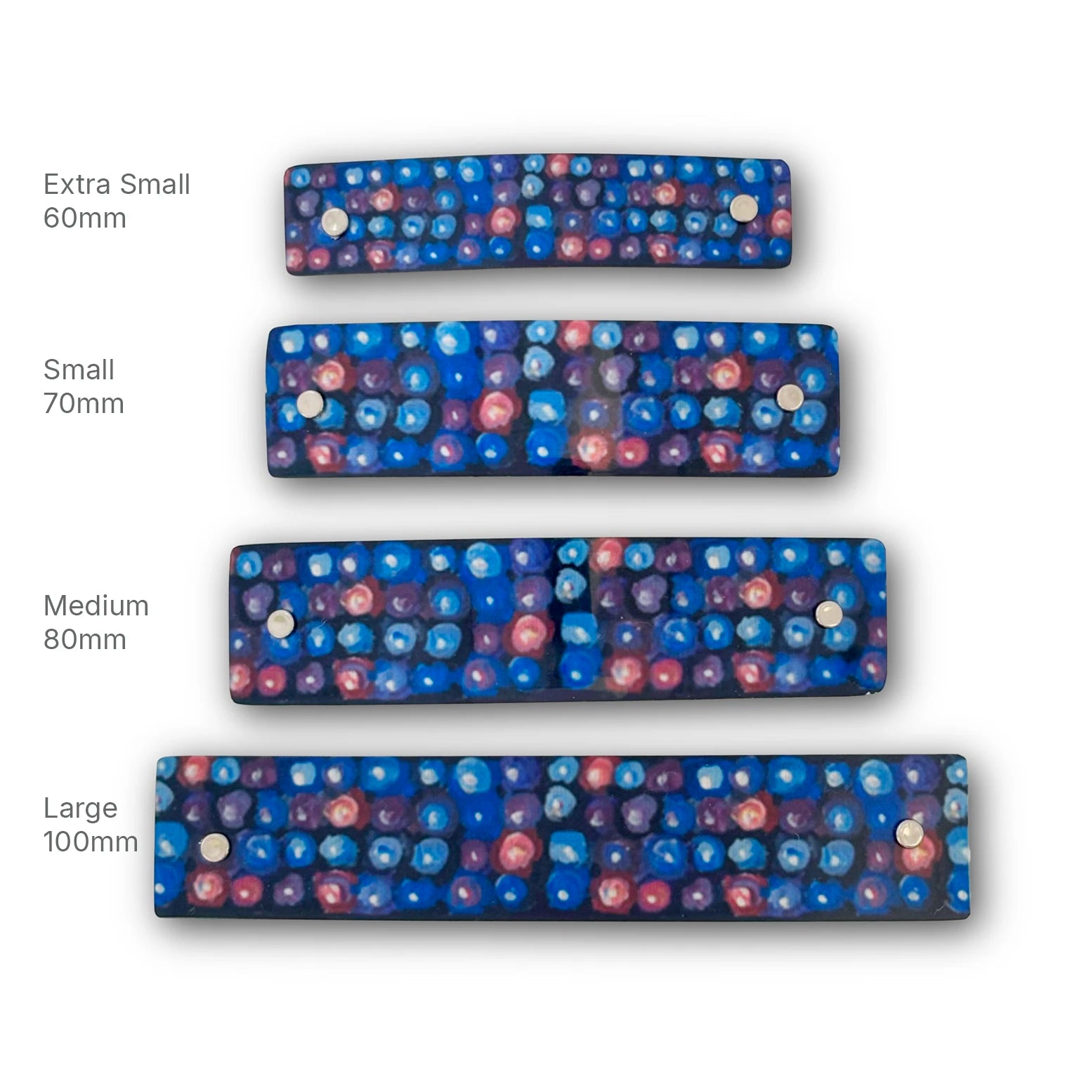 Four rectangular  blackberry design hair clips shown in different sizes labeled Extra Small 60mm, Small 70mm, Medium 80mm, and Large 100mm on a white background.