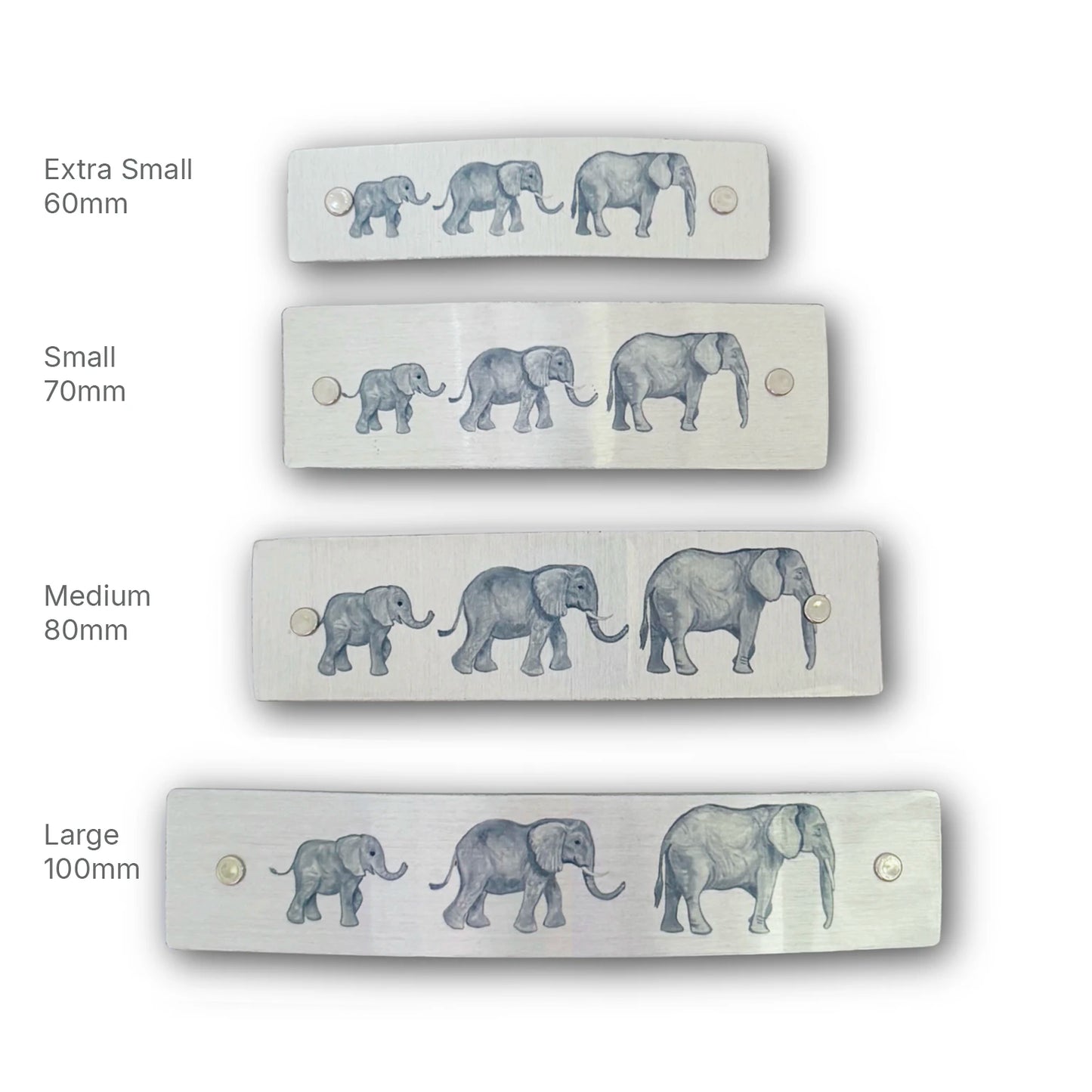 Four silver-toned metal barrette hair clips with original elephant watercolor designs in different sizes, labeled Extra Small 60mm, Small 70mm, Medium 80mm, and Large 100mm on a white background.