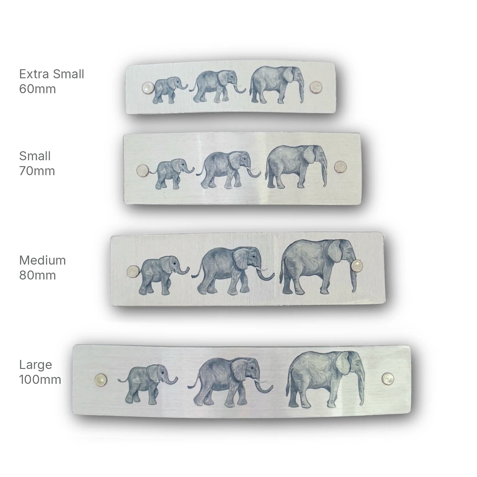 Four silver-toned metal barrette hair clips with original elephant watercolor designs in different sizes, labeled Extra Small 60mm, Small 70mm, Medium 80mm, and Large 100mm on a white background.