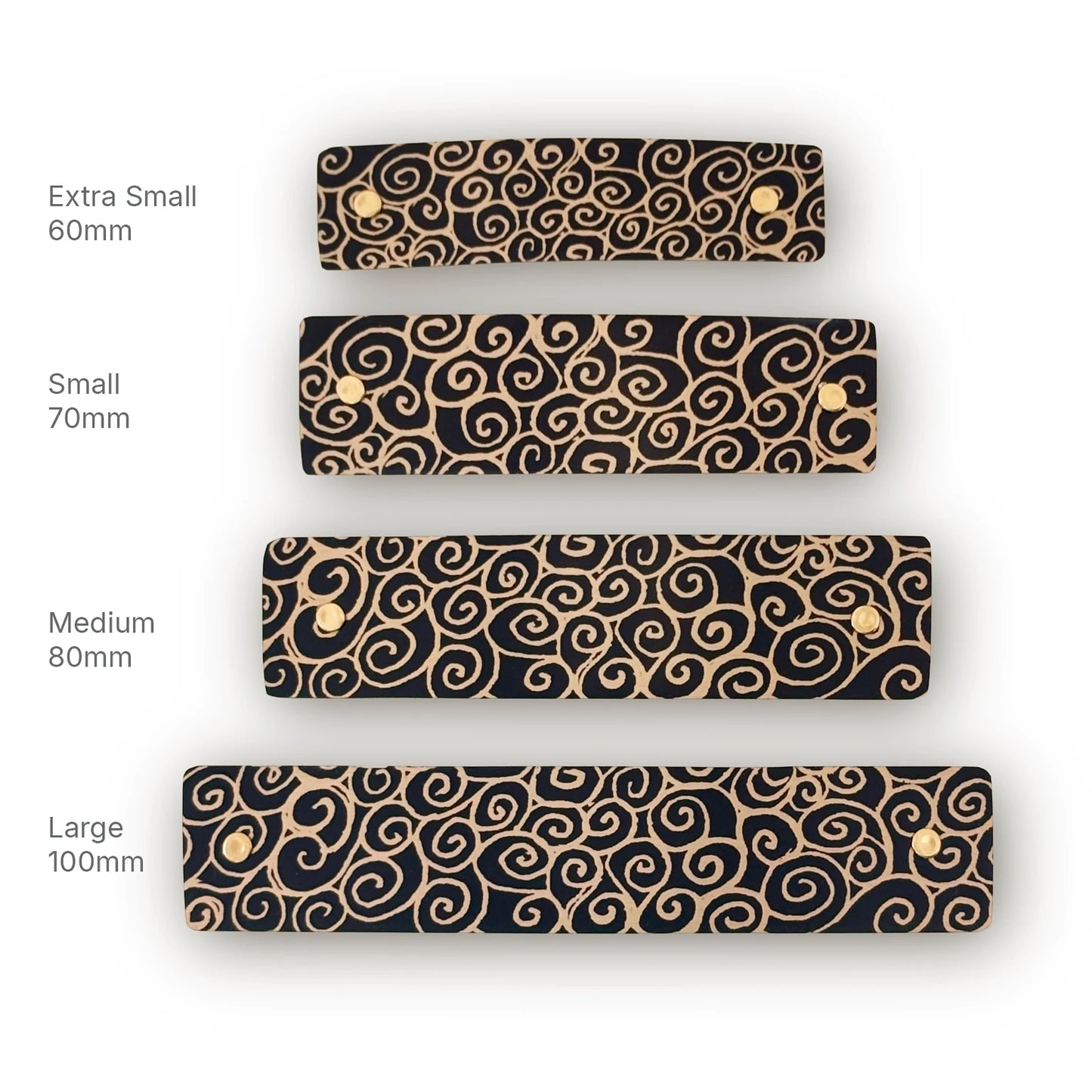 Four rectangular black iFrench barrettes with gold swirling scroll patterns shown in four sizes, labeled Extra Small 60mm, Small 70mm, Medium 80mm, and Large 100mm, on a white background.