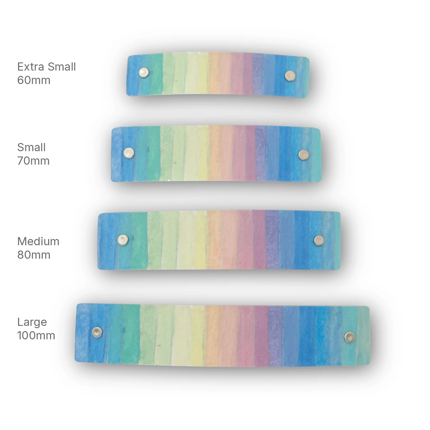 Four rectangular pastel rainbow boutique barrettes  labeled Extra Small 60mm, Small 70mm, Medium 80mm, and Large 100mm on a white background.