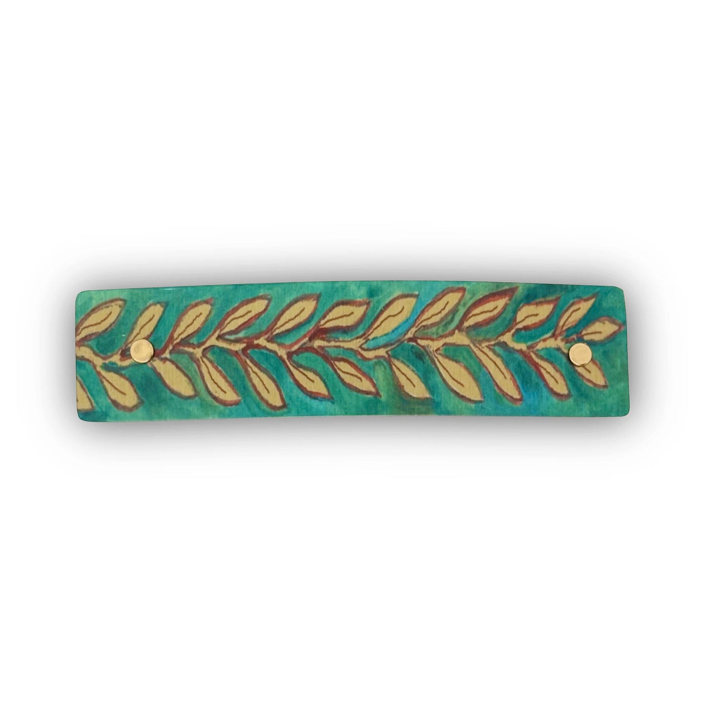 A rectangular turquoise and teal hair clip featuring a painted olive branch motif with gold-toned leaves on a white background.