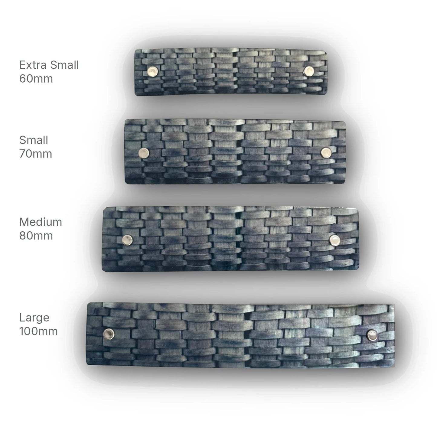 Four rectangular basket weave design barrettes, shown in four sizes labeled Extra Small 60mm, Small 70mm, Medium 80mm, and Large 100mm on a white background.