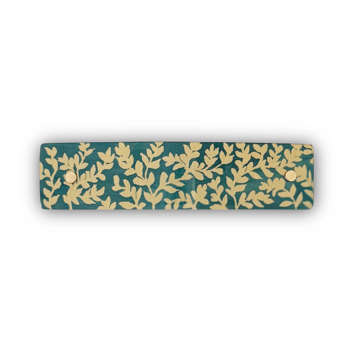 Botanical pattern hair clip in gold and green, handmade in North Carolina.