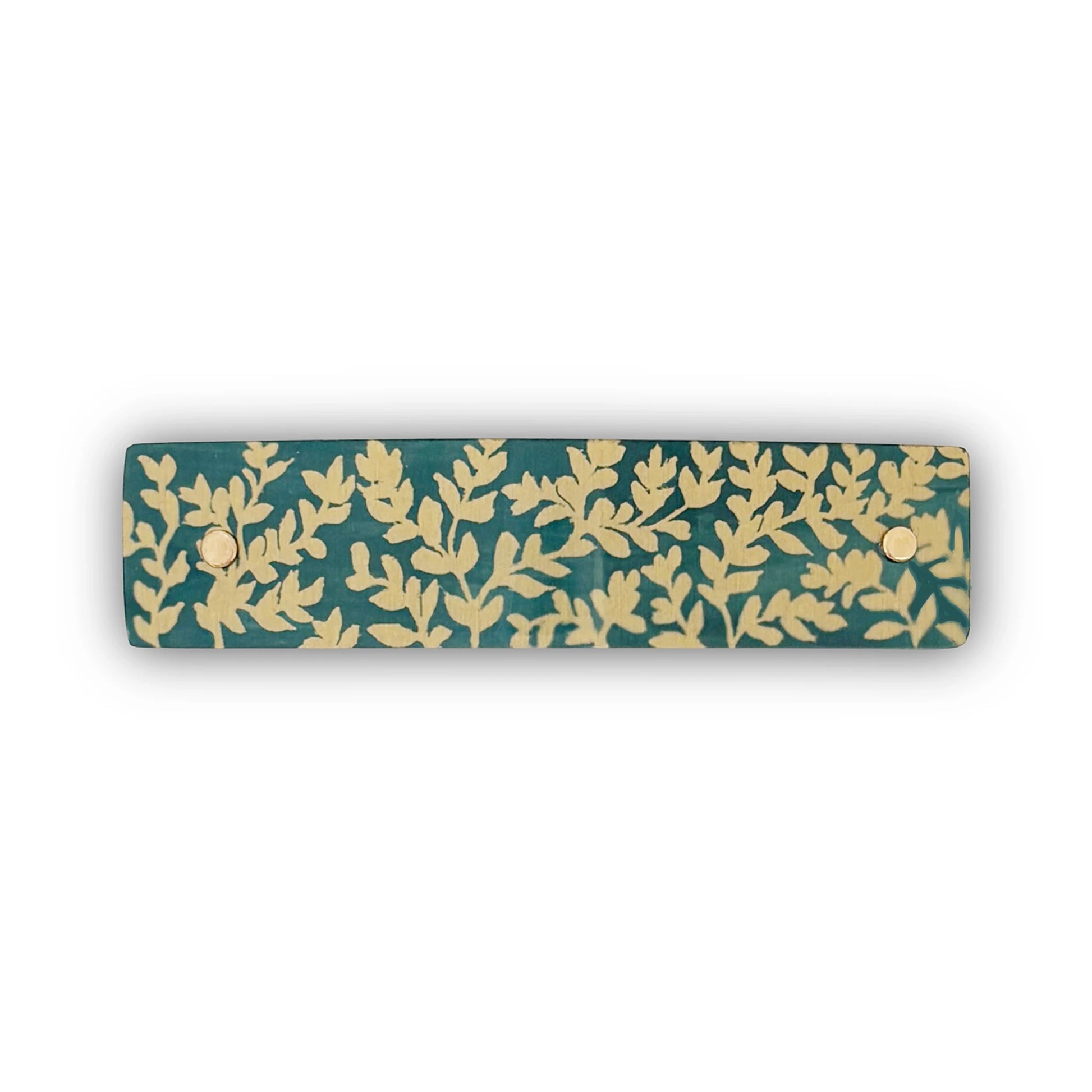 Botanical pattern hair clip in gold and green, handmade in North Carolina.