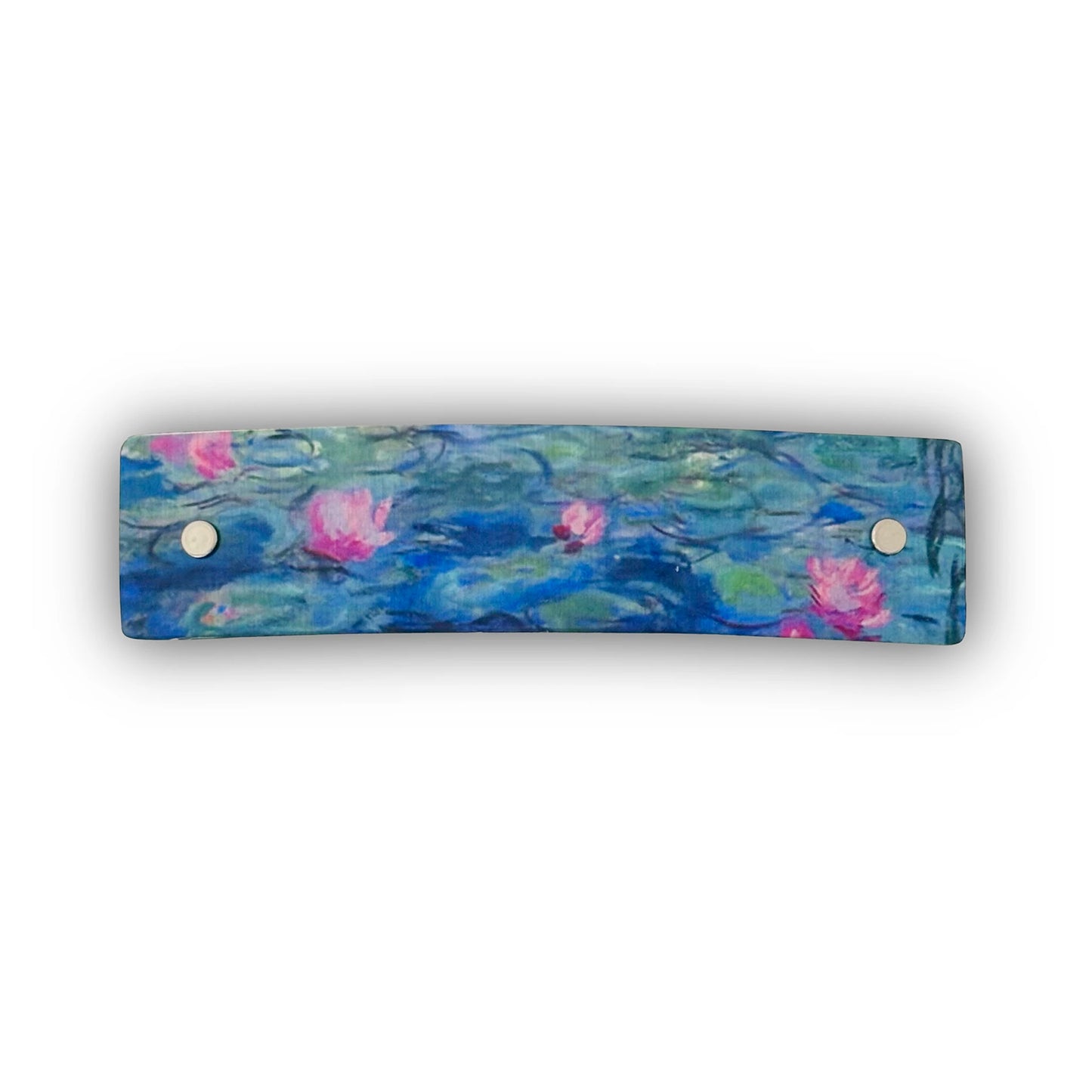 A rectangular barrette with a painted water lily design in blue, green, and pink, featuring two small silver metal rivets on the left and right ends, shown against a plain white background.