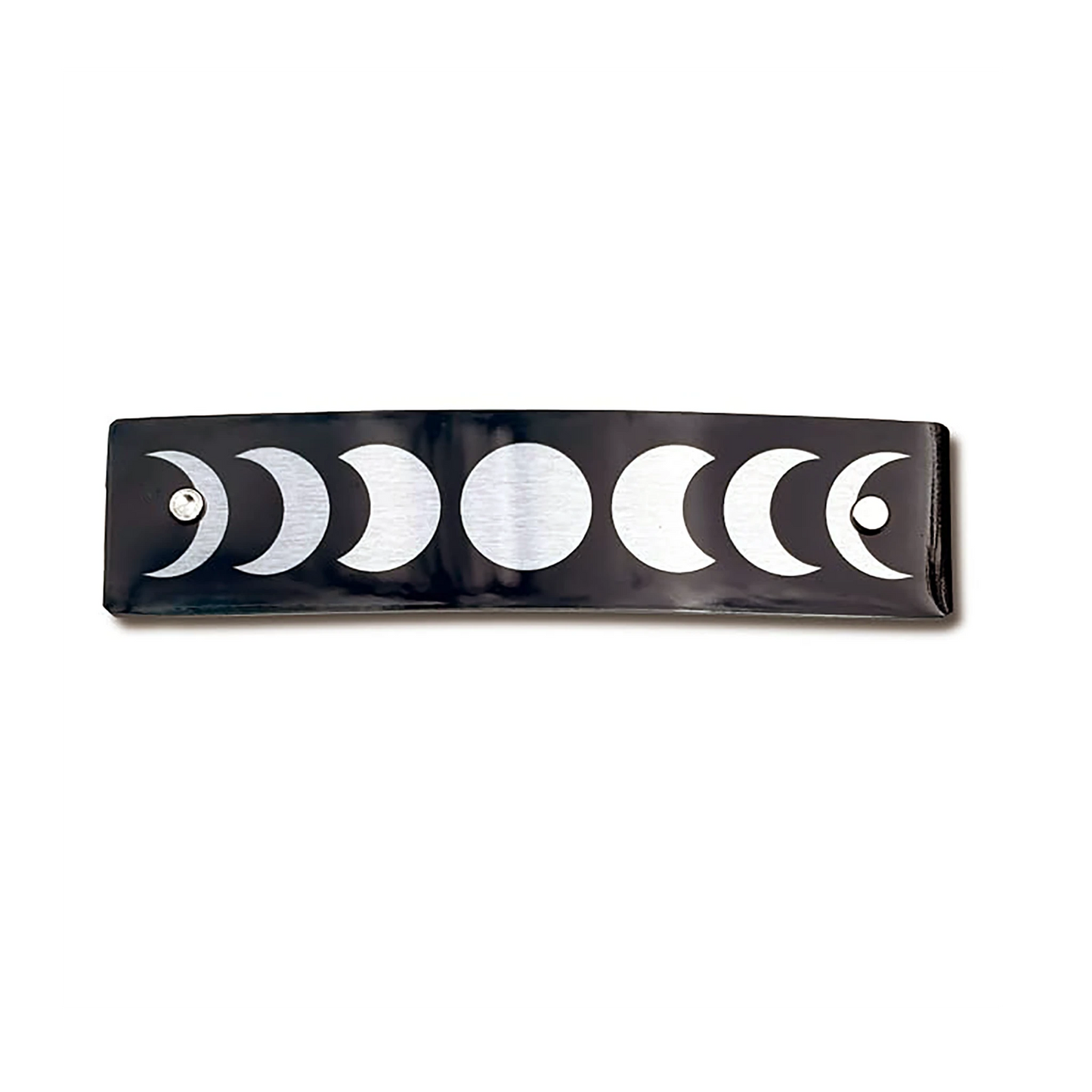 A black rectangular barrette featuring a silver metallic moon phase design, photographed against a plain white background.