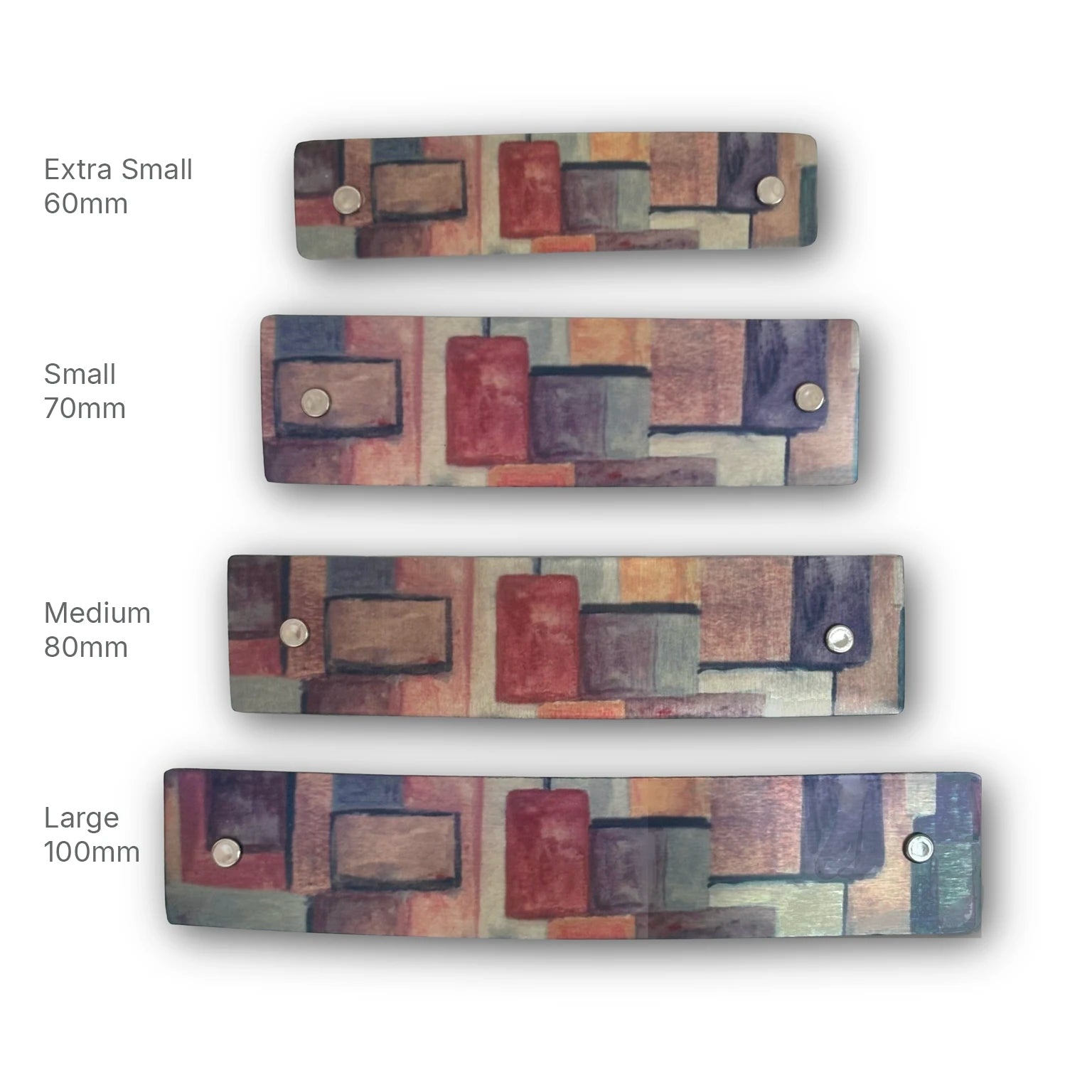 Handmade earth tone mosaic French barrette hair clips in four sizes.