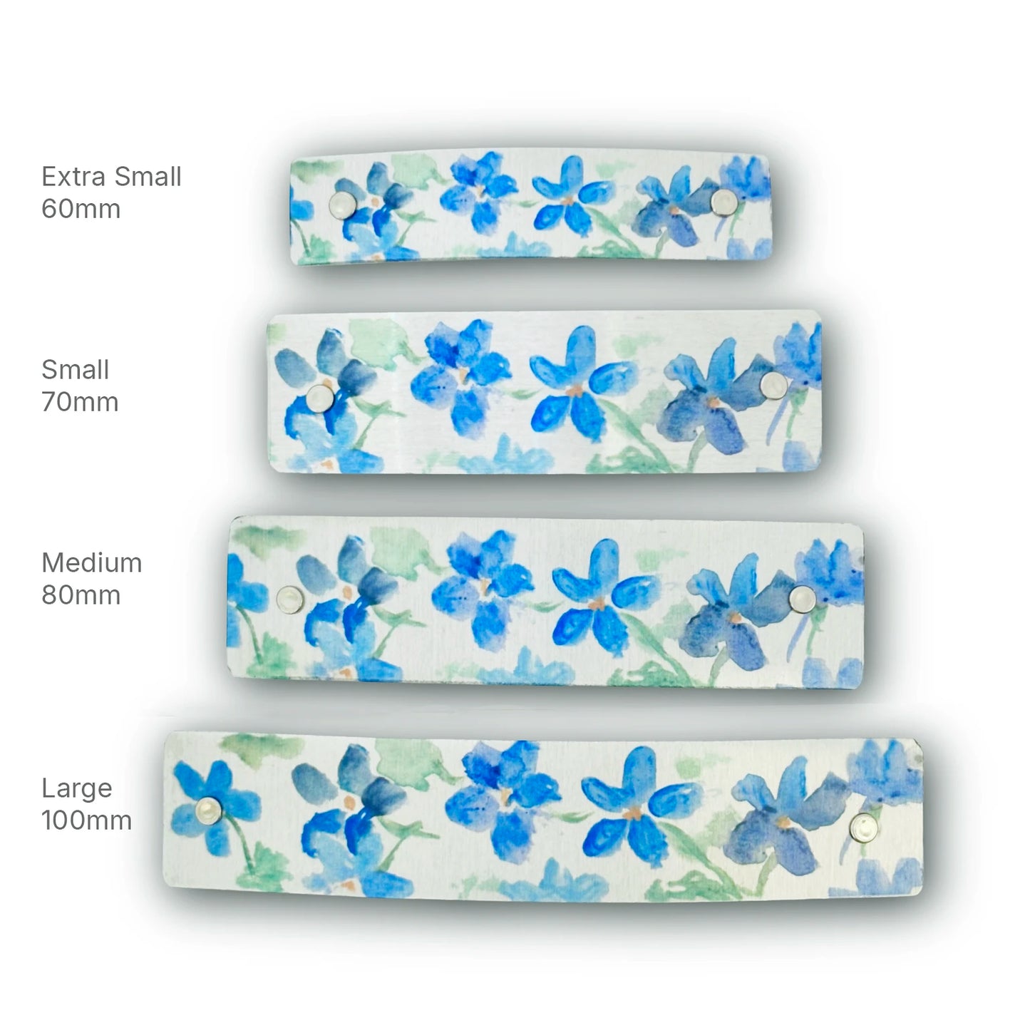 Four sizes of watercolor delphinium French barrettes, boutique quality accessories by Robbin V. Davis Studio.