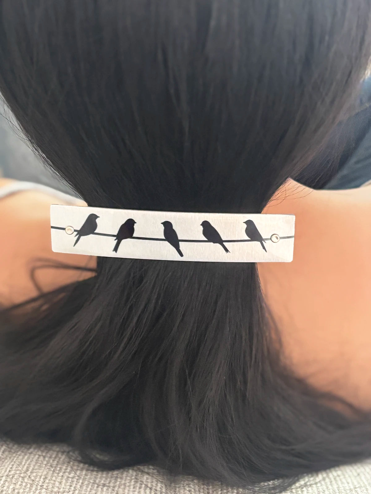 A close-up of a person's dark hair secured with a silver tone hair clip featuring a black silhouette print of five birds perched on a wire.