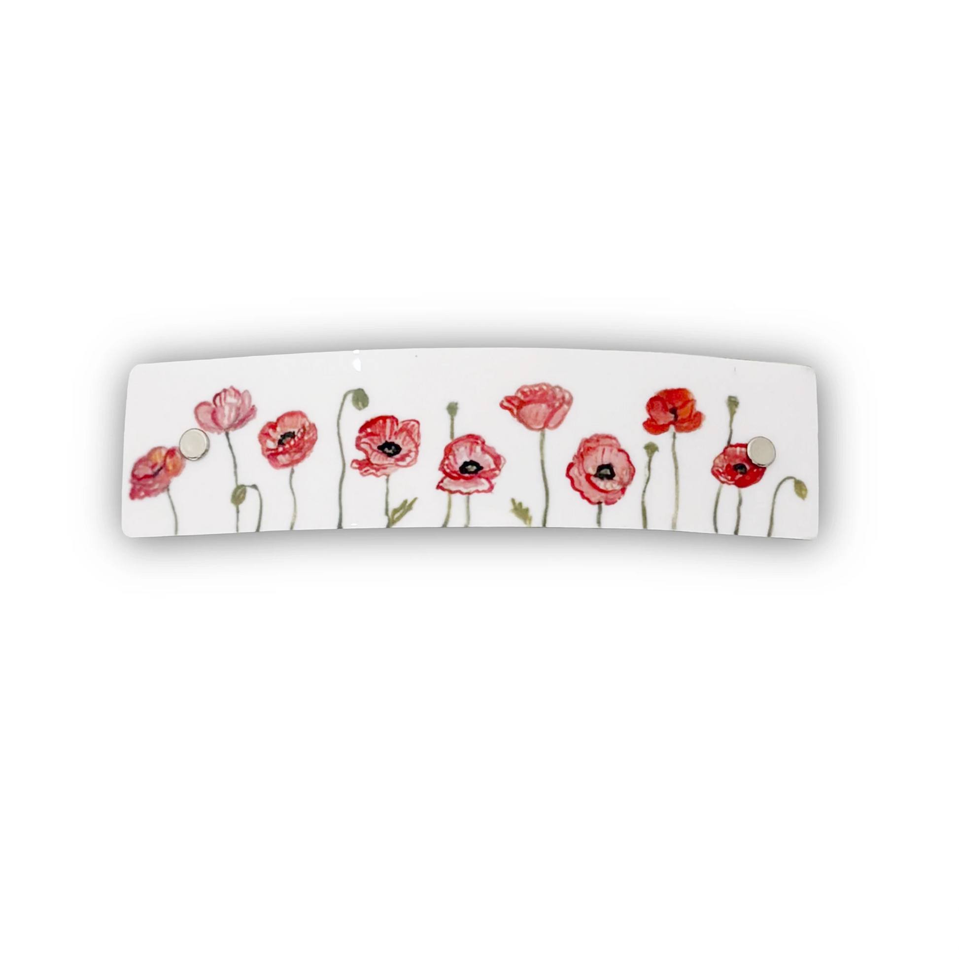 A white rectangular hair clip, decorated with a row of red and pink watercolor poppies with green stems and leaves.