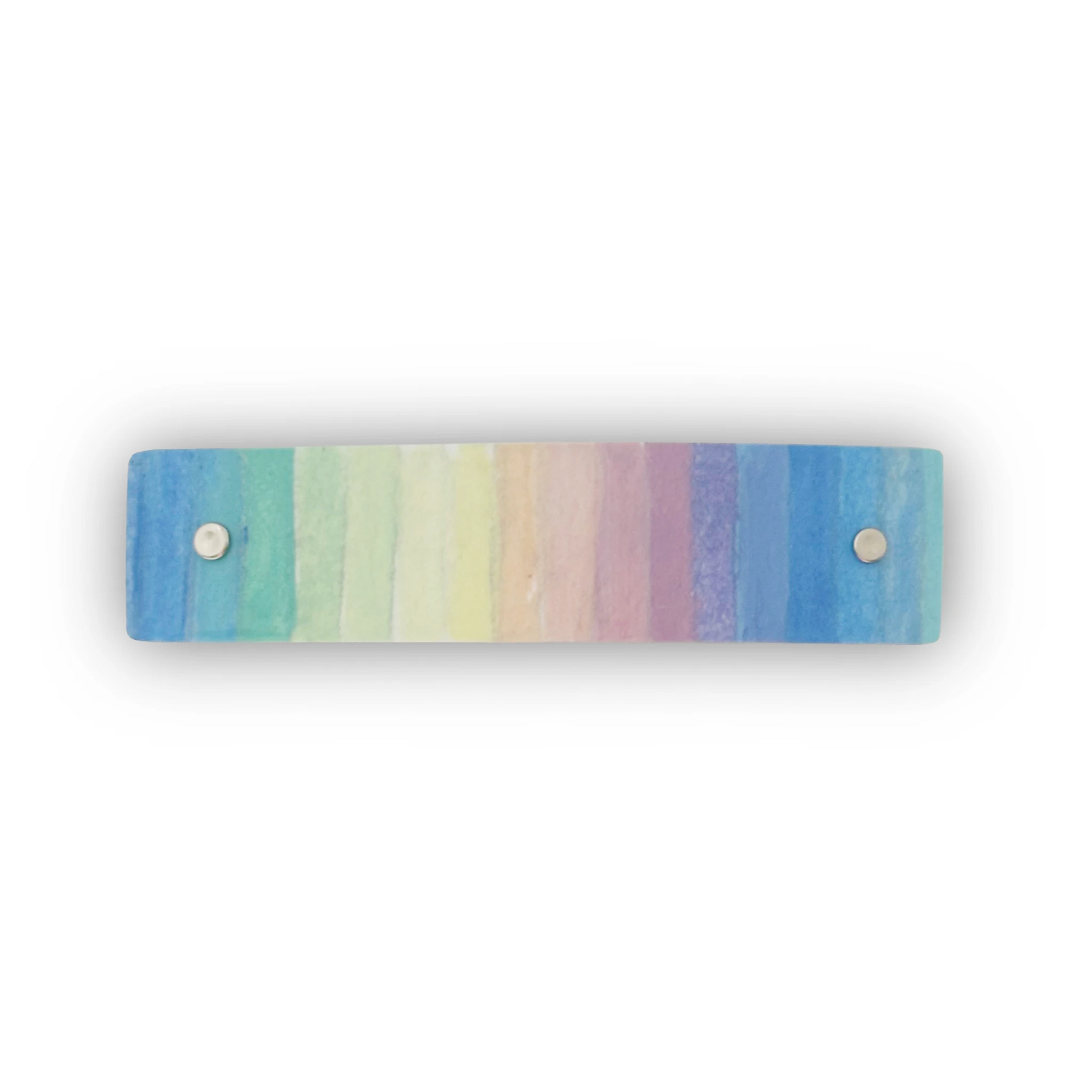 Boutique metal hair clip featuring soft pastel watercolor rainbow stripes.