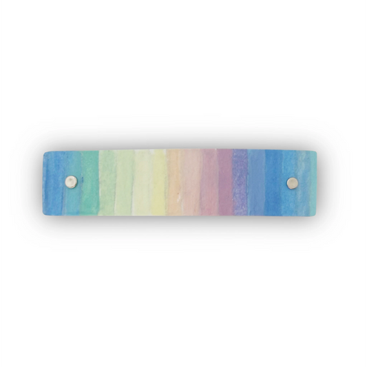 Boutique metal hair clip featuring soft pastel watercolor rainbow stripes.