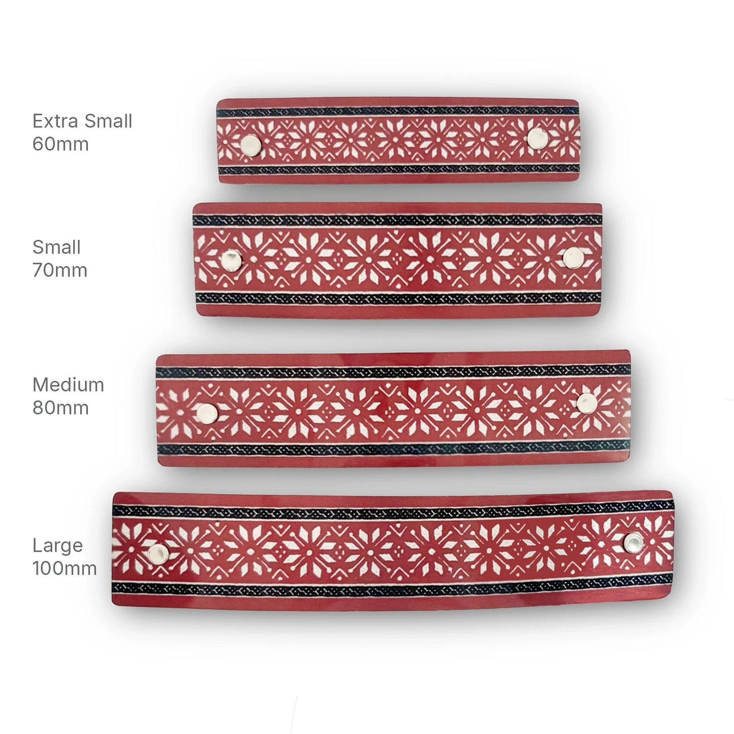 Four sizes of a hair barrette with a Nordic star design.