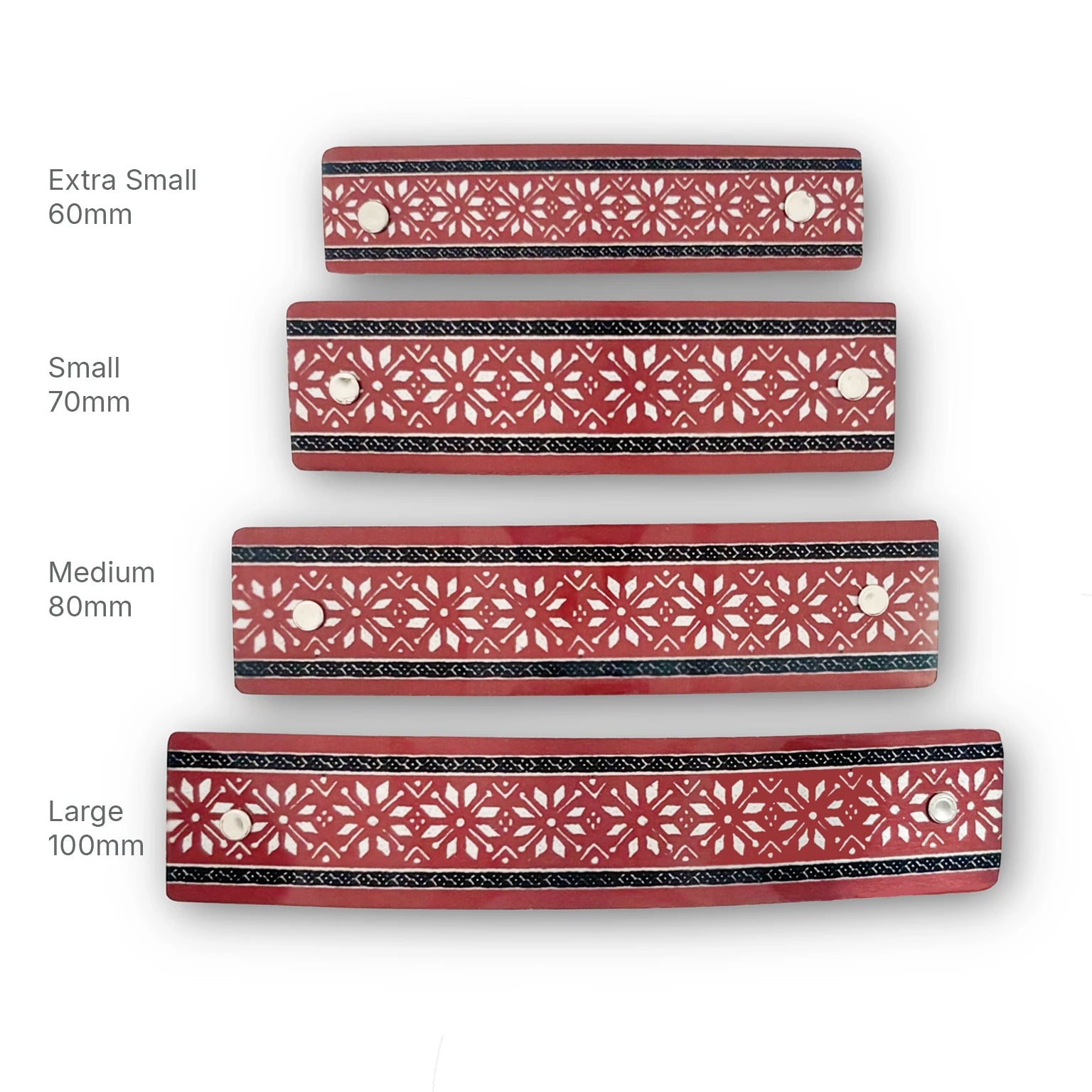 Four sizes of a hair barrette with a Nordic star design.