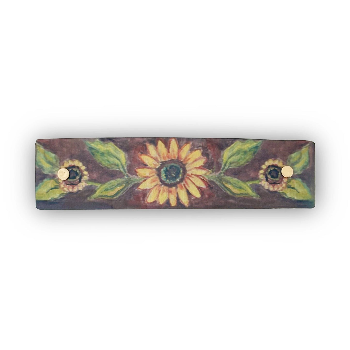 A boutique French barrette hair clip featuring original watercolor sunflower artwork by Robbin V. Davis Studio.